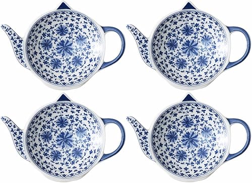 Sizikato 4 portabolsas de té de porcelana azul y blanca para bolsitas de té, posavasos en forma de tetera, cuchara, reposos, aperitivos, plato de