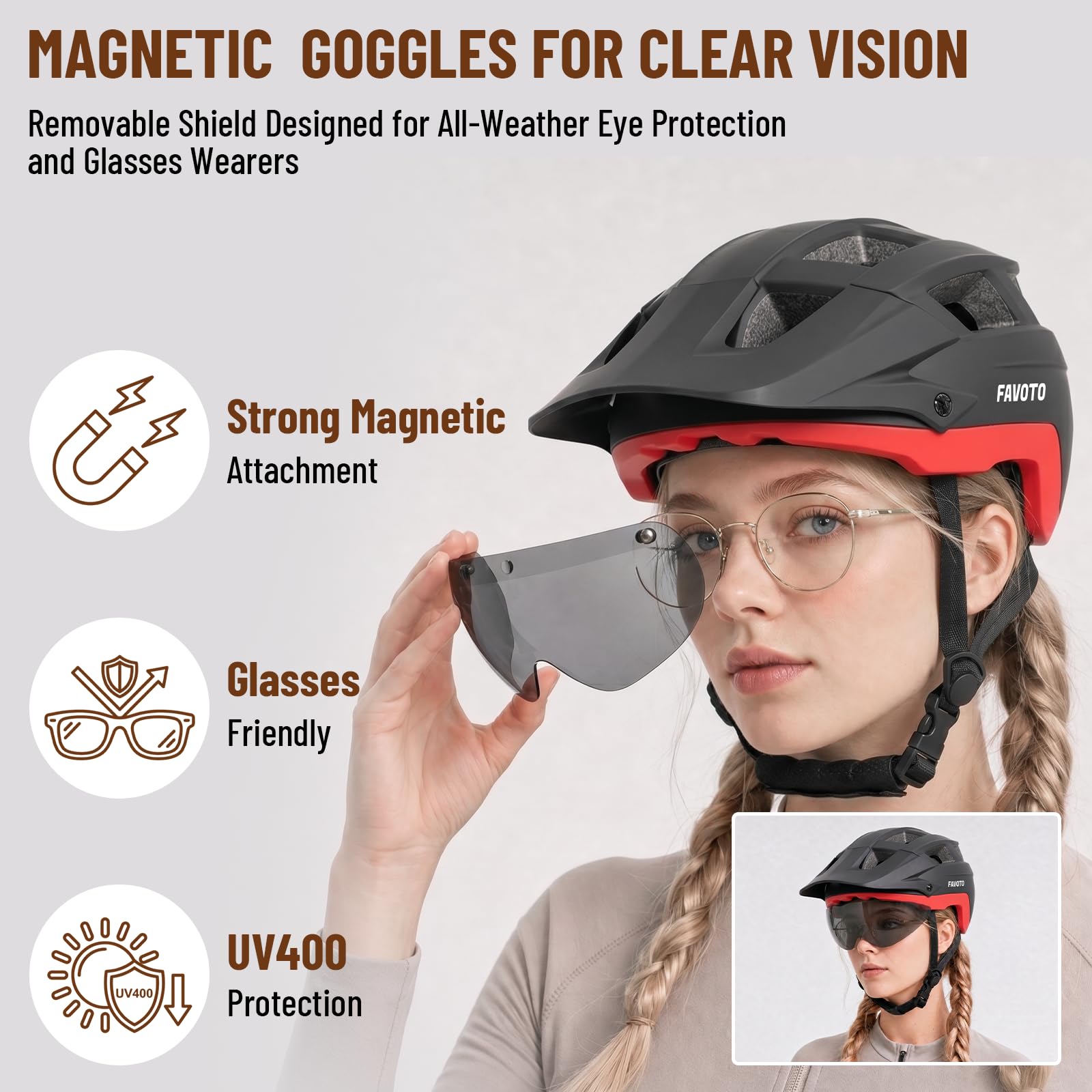 Favoto Fahrradhelm für Erwachsene für Rennrad und Mountainbike, mit USB wiederaufladbarem LED-Rücklicht, magnetischer Brille und Abnehmbarer Sonnenblende, Helm für Damen und Herren