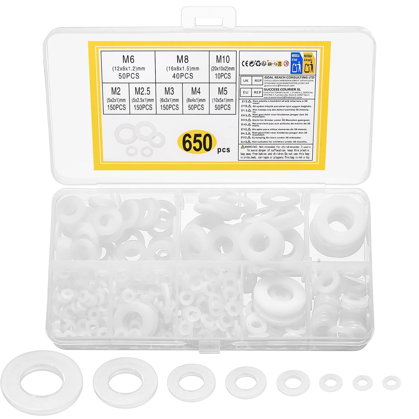 650 Pcs Nylon washers, White Flat Plastic Spacers Washers, Assorted Round Tap Seals Gaskets Rings Washers for Plumbing, Screws Bolts, 5-20mm, M2/M2.5/M3/M4/M5/M6/M8/M10