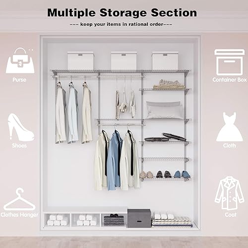 Miniatura 6 de Tangkula 4 to 6 FT Custom Closet Organizer System Kit, Wall-Mounted Storage Organizer with Wire Shelving and Hanging Rods, Adjustable Closet Grey