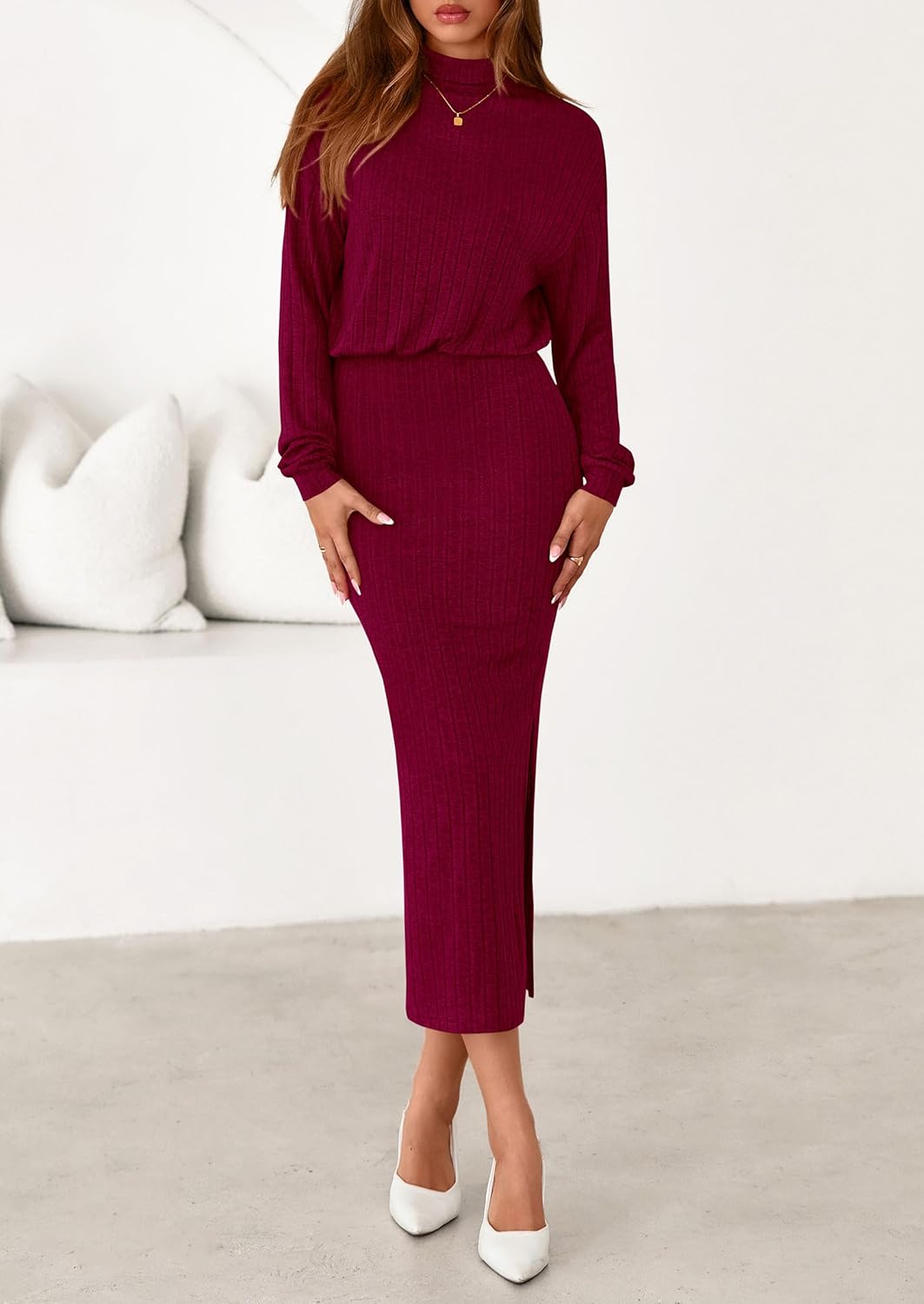 PRETTYGARDEN Turtle Neck Dresses for Women 2026 Fall Knit Outfits Slit Elastic Waist Long Sleeve Bodycon Midi Sweater Dress - Image 2