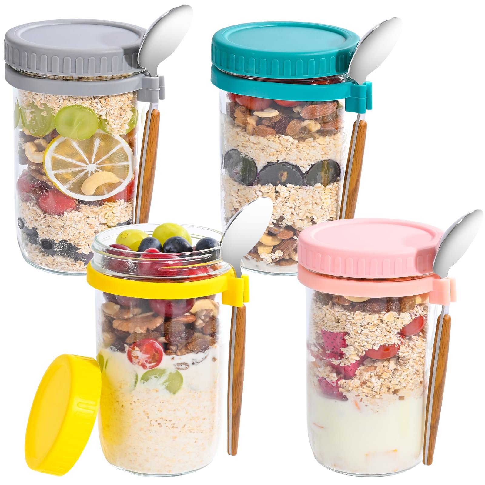 4 Pots à Céréales En Verre UHAPEER - 350 Ml Avec Couvercle Et Cuillère - Pour Yaourt, Overnight Oats, Salade