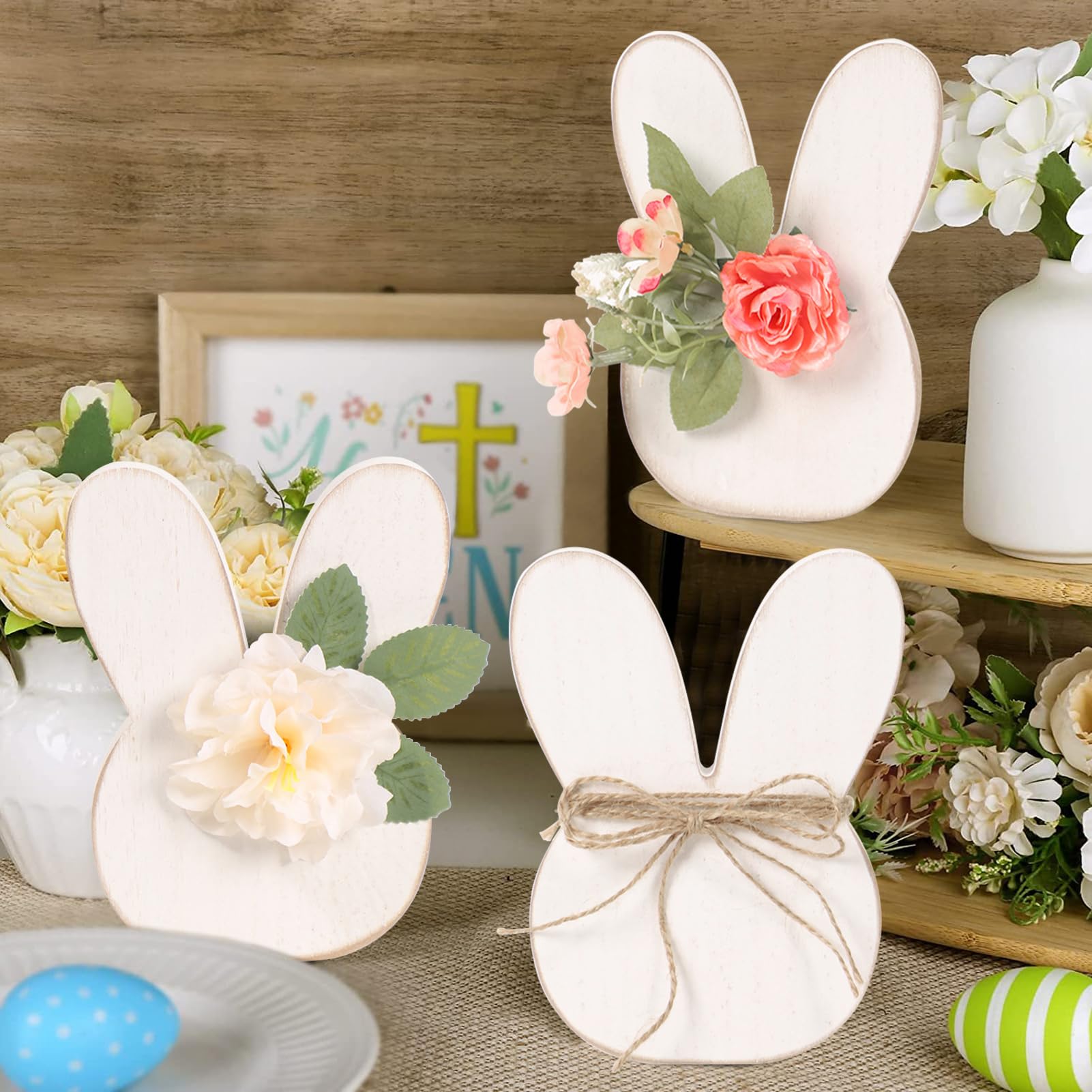 Osterdeko Holz Hase, Osterhasen Deko Holzdeko zum Hinstellen, Osterdeko Modern Holz Deko Hase, Osterdeko Tisch Aufsteller für Ostern, Frühlings Deko Holz Figuren Hase für Zuhause Büro Deko (3 PCS)
