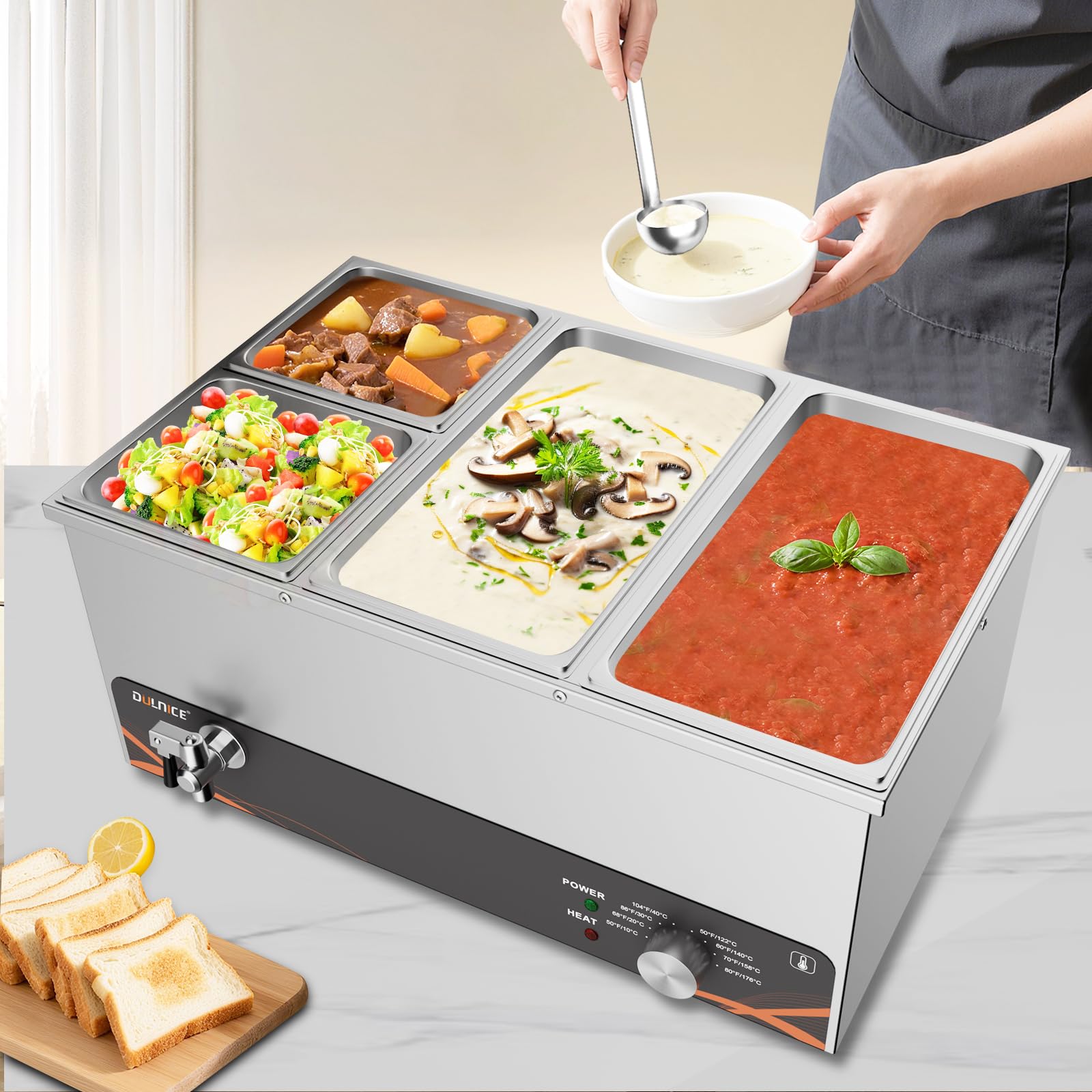 Bain Marie électrique en Acier Inoxydable 4 bacs Buffets Chauffe-Plats Electrique avec Bouton de contrôle de température en métal, Bain Marie Professionnel avec Robinet de vidange 220-240V