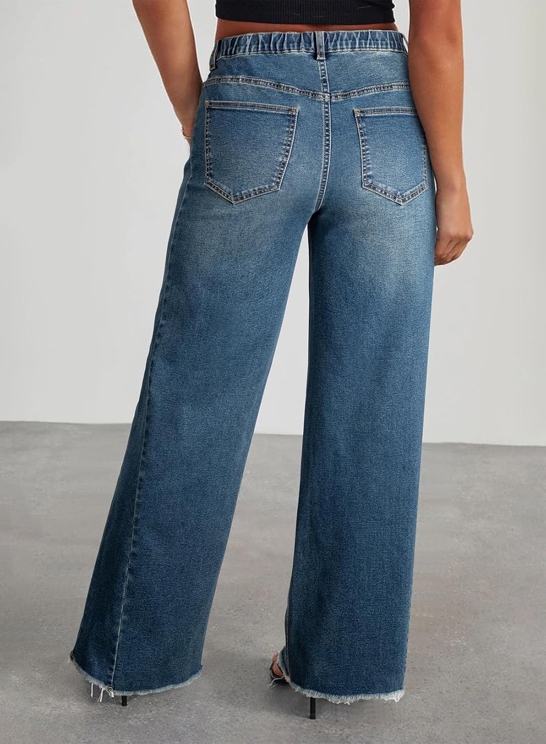 Eytino Women's Plus Size Wide Leg Jeans Elastic High Waist Stretchy Raw Hem Denim Pants with Pockets(1X-5X) - Image 2