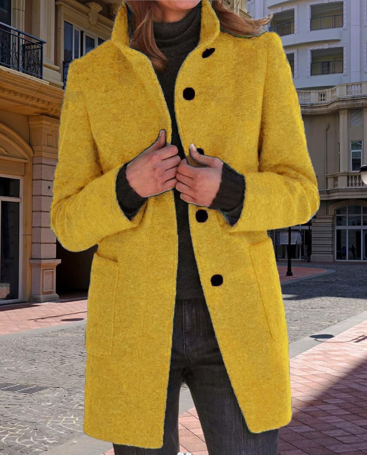 Womens Winter Long Vintage Solid Color Coat Wool Blend Standing Collar Button Thickened Jacket - Image 6