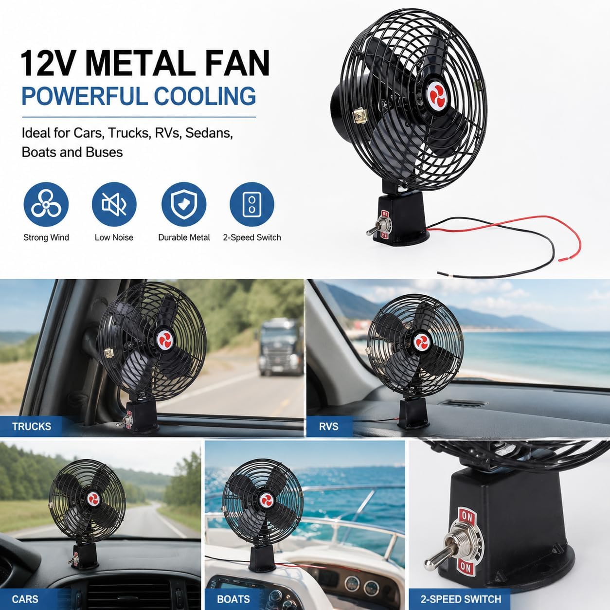 12V RV Cooling Fan with 2-Speed Switch, Heavy Duty All Metal Black Fan for Trucks, RVs, Cars, Boats, Buses, Commercial Vehicles, and Motorhomes for Auto, Marine & Delivery Vehicles (6 Inch)