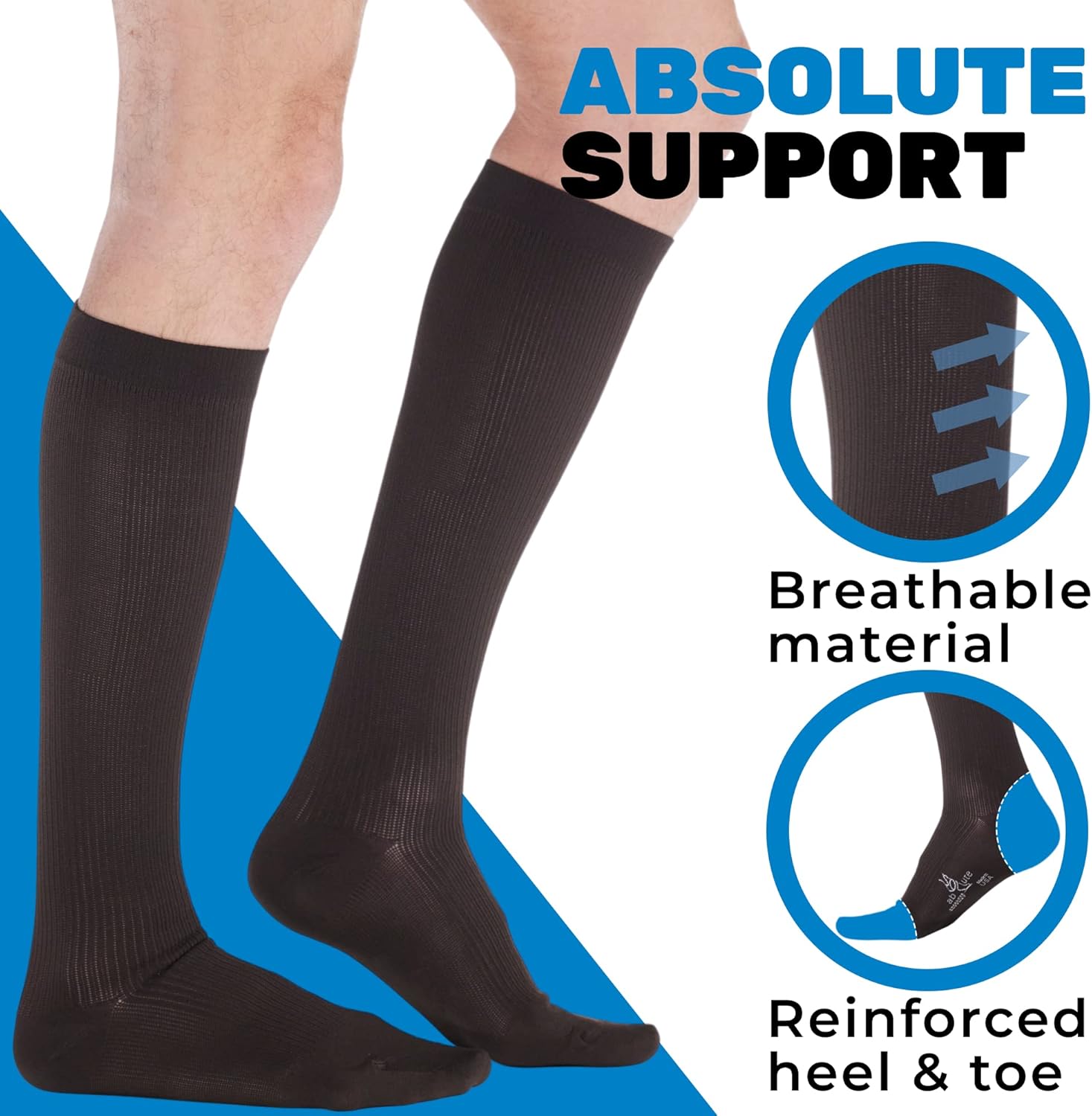 ABSOLUTE SUPPORT (6 Pairs) Graduated Cotton Compression Socks for Men 20-30mmHg | For Work Fly Airplane - Made in USA - Gray & Brown, Large