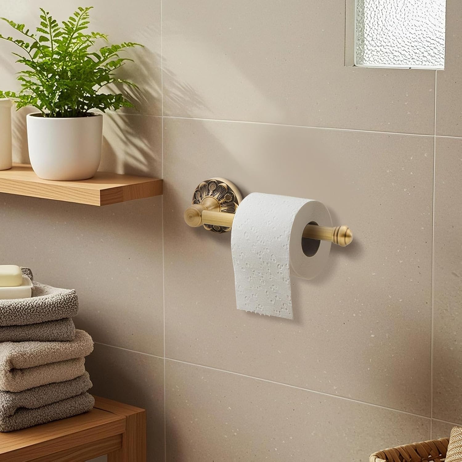 2 Pieces Set Antique Brass Toilet Paper Holder Retro Brass Hand Towel Ring Tissue Roll Paper Hanger Bathroom Hardware Wall Mounted Vintage Bathroom Accessories (Round)