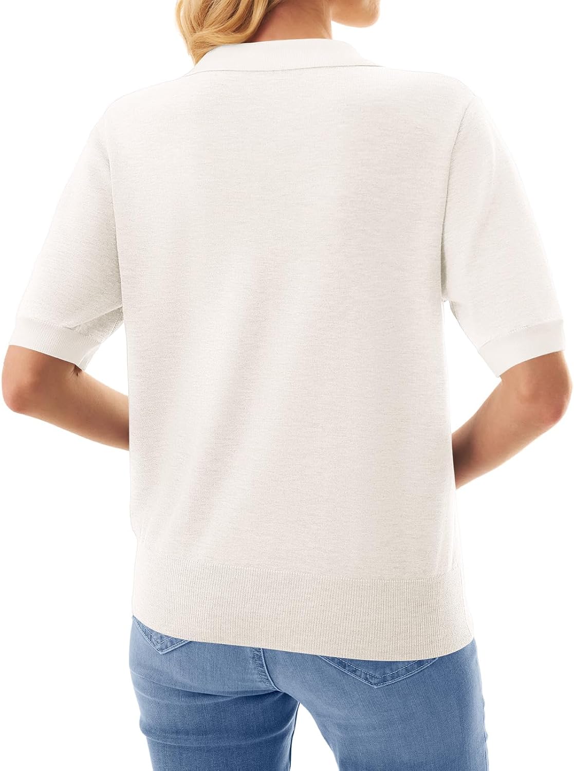 Women's Wool Blend V Neck Polo Sweater Lightweight Short Sleeve Knit Top for Casual and Office Wear - Image 5