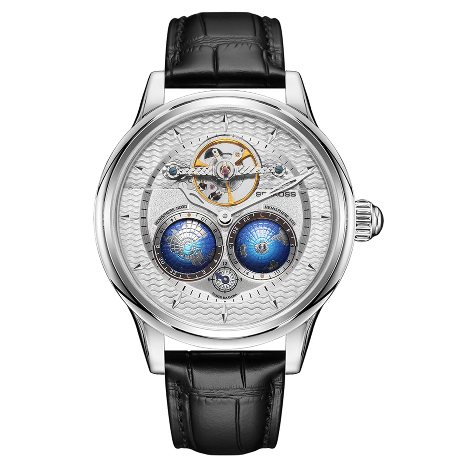 SEAKOSS Luxuriöse automatische mechanische Uhr für Herren, 47 mm Skelett-Armbanduhr mit doppeltem Halbkugel-Zifferblatt, selbstaufziehendes Uhrwerk, echtes Lederband, 5 ATM wasserdicht