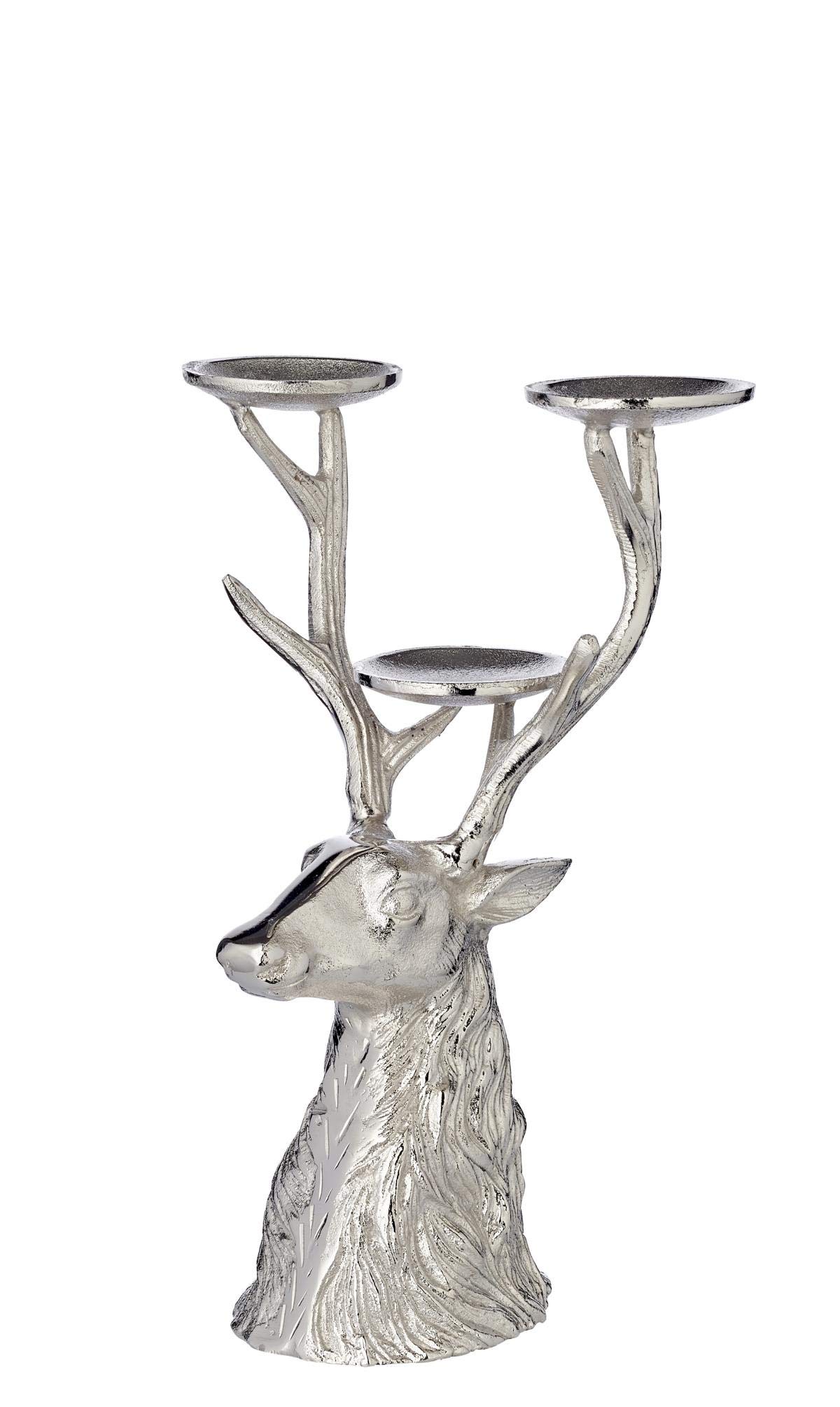 EDZARD Kerzenleuchter Hirsch (H 32,5 cm) Aluminium vernickelt silberfarben, für 3 Stumpenkerzen ø 6 cm - Kerzenhalter, Kerzenständer, Winter Deko, Jagd Deko