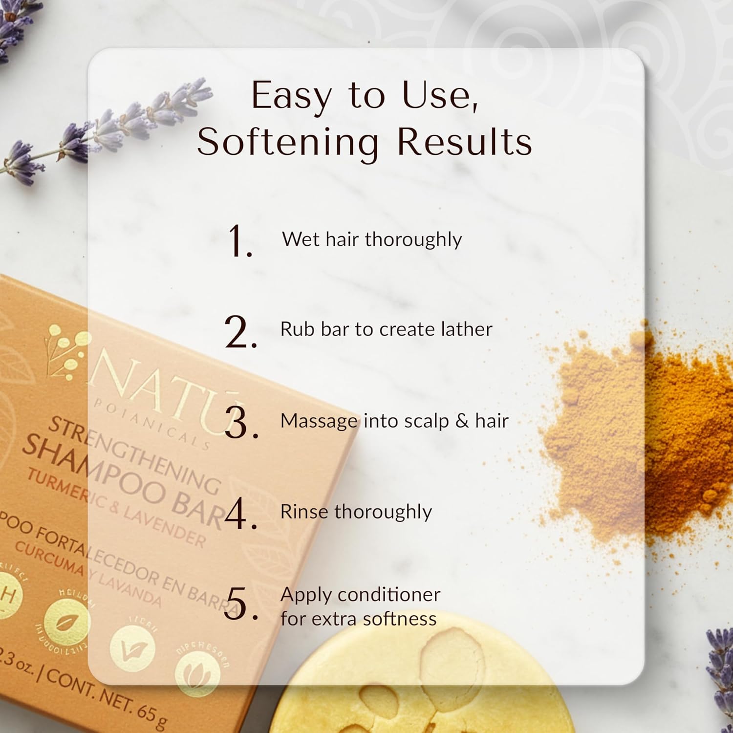 NATÚ BOTANICALS Strengthening Solid Shampoo Bar – Turmeric & Lavender - Clarifying Shampoo with Tea Tree Oil For Scalp - Moisturizes, Strengthens & Soothes Hair & Scalp - Sulfate & Paraben-Free, 2.3oz - Image 5