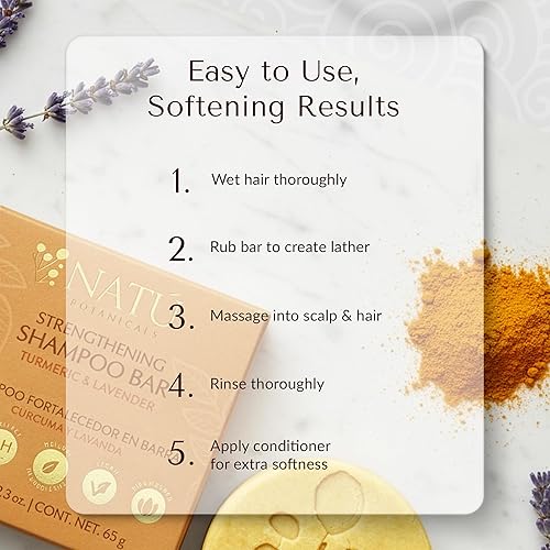 Miniatura 5 de NATÚ BOTANICALS Barra de champú fortalecedora sólida, cúrcuma y lavanda, champú clarificante con aceite de árbol de té para el cuero cabelludo,