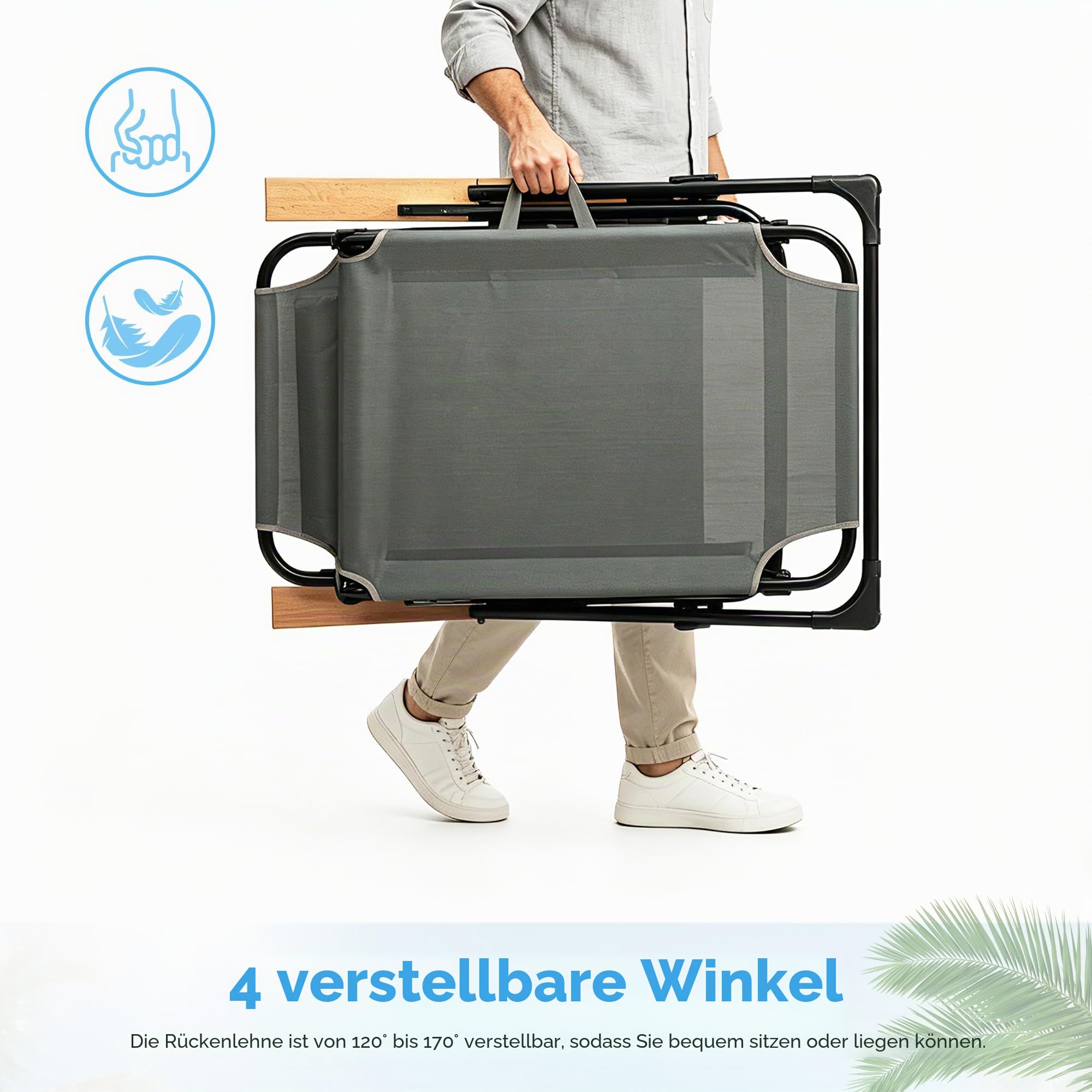 Sonnenliege Klappbar mit Dach, Gartenliege Wetterfest mit Armlehne und verstellbarer Rückenlehne, Liegestuhl Balkon mit Getränkehalter, belastbarkeit 150 kg, Outdoor Liege für Garten, Balkon & Strand