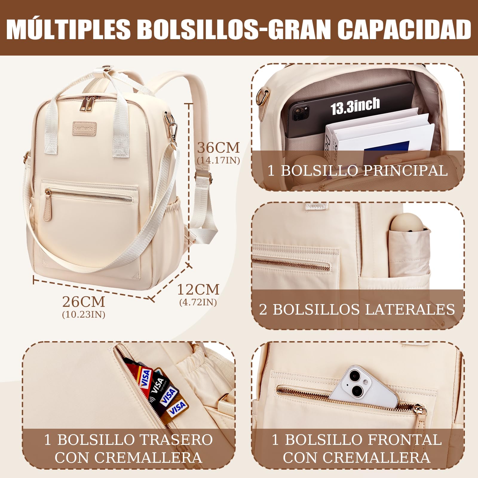 Leathario Mochila Mujer Antirrobo e Impermeable, Mochila Portátil para Laptop 13.3 Pulgadas, para Universidad, Trabajo y Uso Casual, Regalo Mujer (Beige)