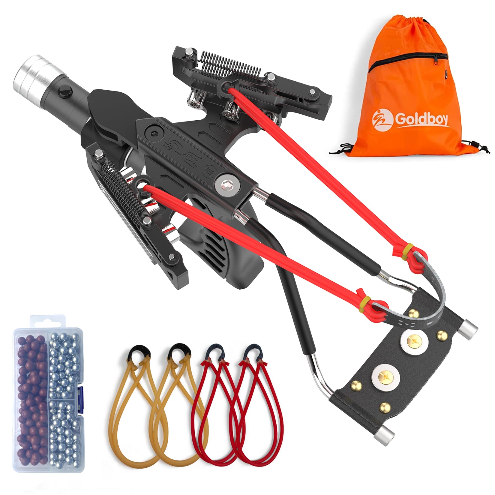 Goldboy Slingshot with Red Beam Sight, Wrist Rocket with Flashlight, Hunting Slingshot 4 Rubber Bands 220 Ammo Adults Black