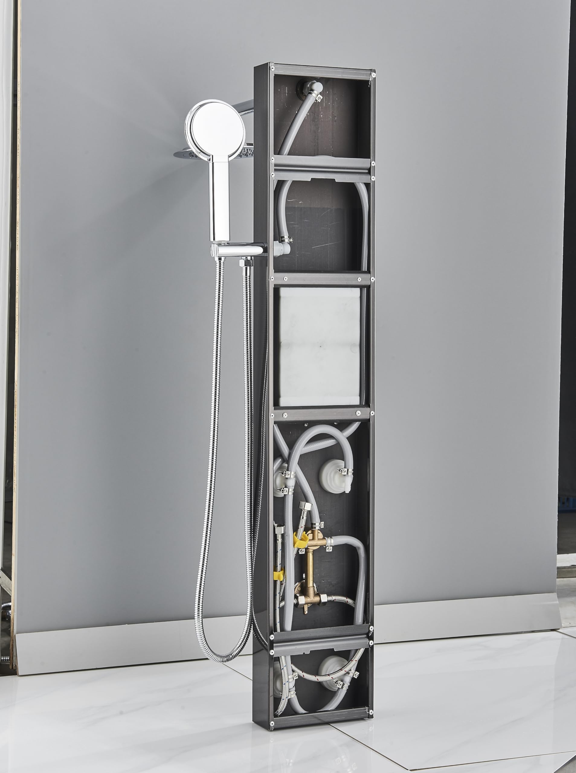 Pannello doccia in acciaio inossidabile con rubinetteria, 3 modalità di uscita dell'acqua, pannello doccia con rubinetteria e ripiano, sistema doccia pannello massaggio bagno nero