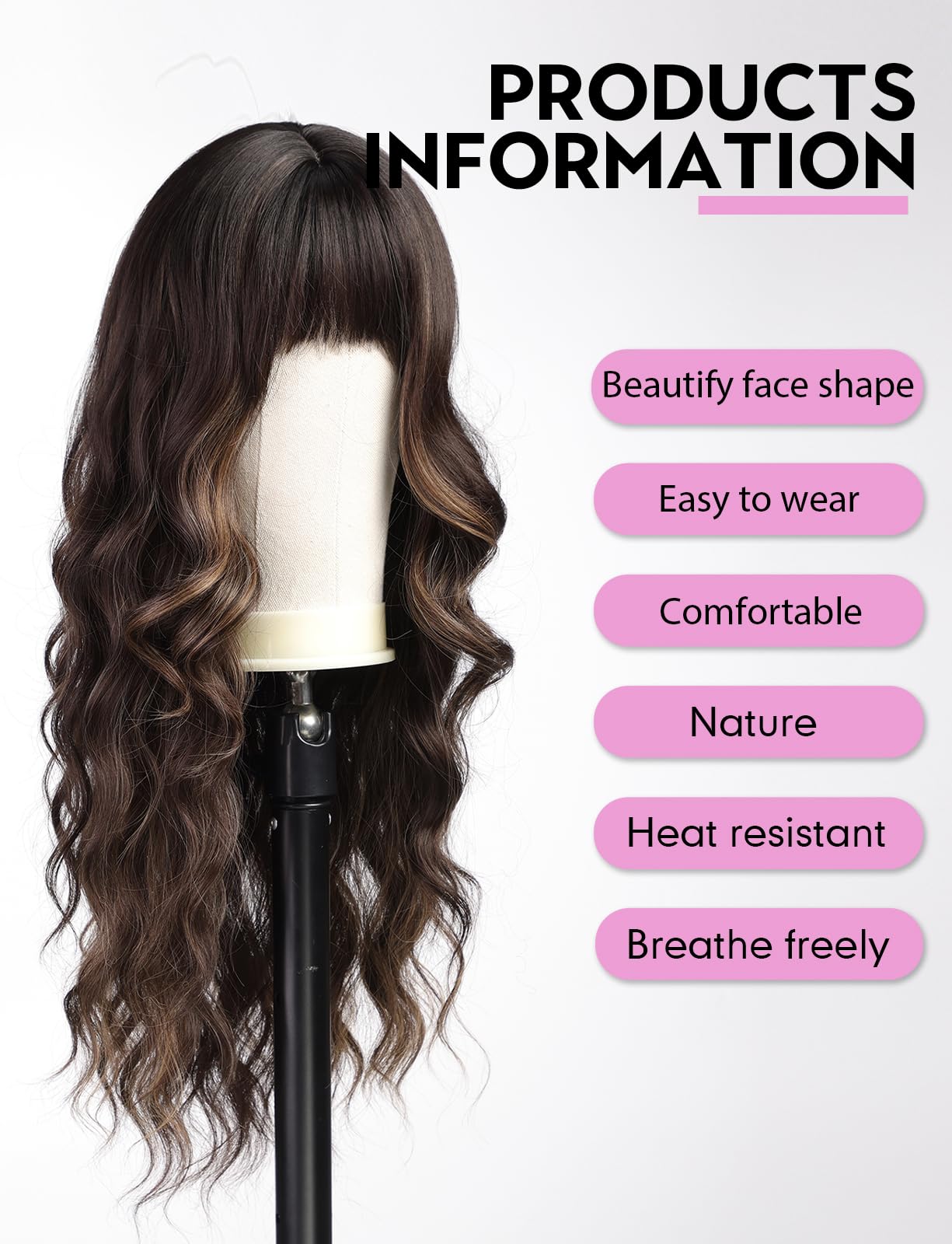 WOKESTAR Long Wavy Brown with Highlights Wigs for Women Heat Resistant Natural Hair with Fringe, average size - Image 2
