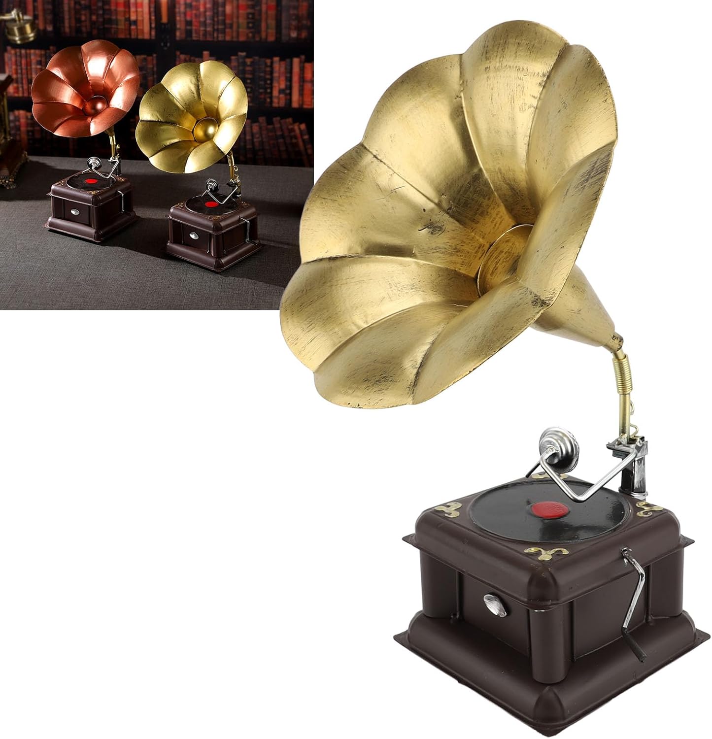 Vintage Phonograph Model, Erosion Resist Iron Retro Classical Gramophone Music Box, Gramophone Record Player Props, Gramaphone Turntable Ornament for Home Table Desk Decor (Bronze)