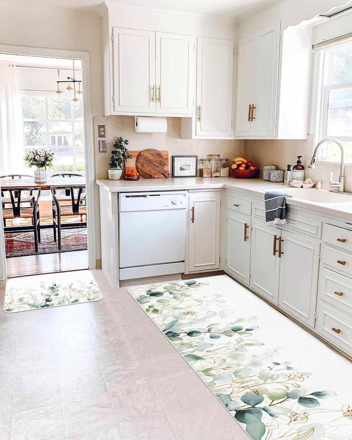 Eucalyptus Leaves Kitchen Rugs and Mats Set of 2, Watercolor Sage Green Gold Branches Absorbent Bath Runner Rug Floor Door Mats Throw Accent for Bedroom Living Room Bathroom Entrance Small