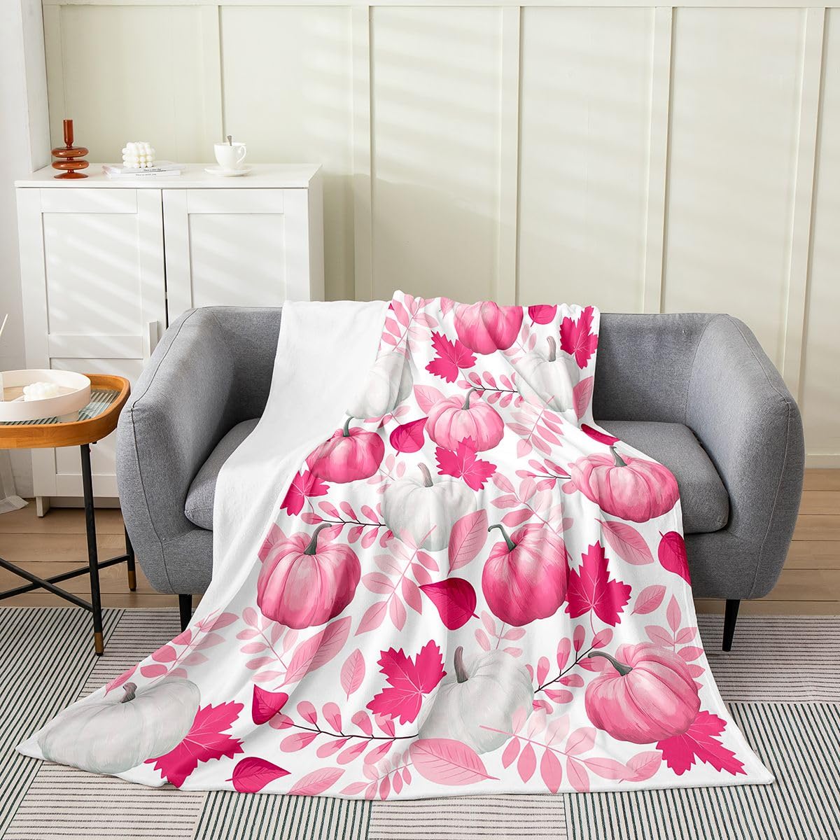 jejeloiu Fall Pumpkin Fleece Throw Blanket Rustic Flannel Blanket Plush Fuzzy Farmhouse Autumn Maple Leaves for Bed Couch Chair Living Room Vintage Country Throw 50"x60" White Pinky Bedroom Decor