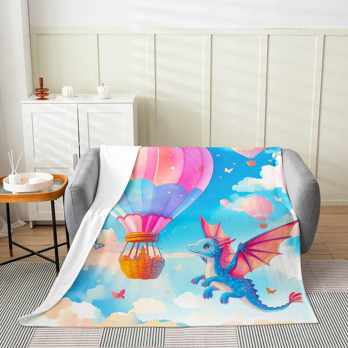 Kawaii Dragon Fleece Blanket,Dreamy Blue Sky Hot Air Balloon Bed Blanket for Kids Teens,Cute Dragon Cartoon Animal Wings Fantasy Flannel Blanket for Room Decor,Queen 90"x90"