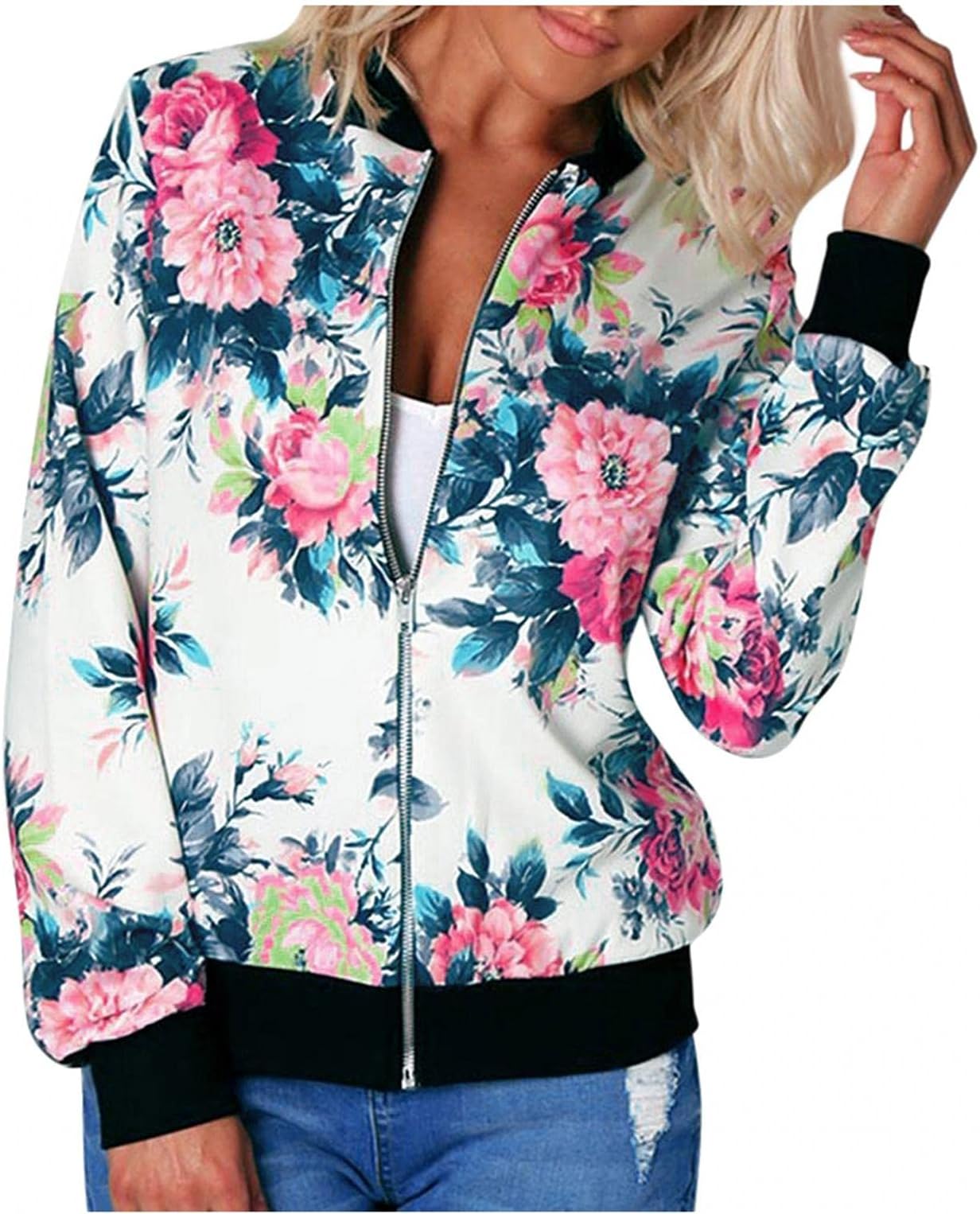 Bomber Jacket Women's Floral Lightweight Short Jacket Spring Autumn Zip Stand-Up Collar Casual Coat Outwear