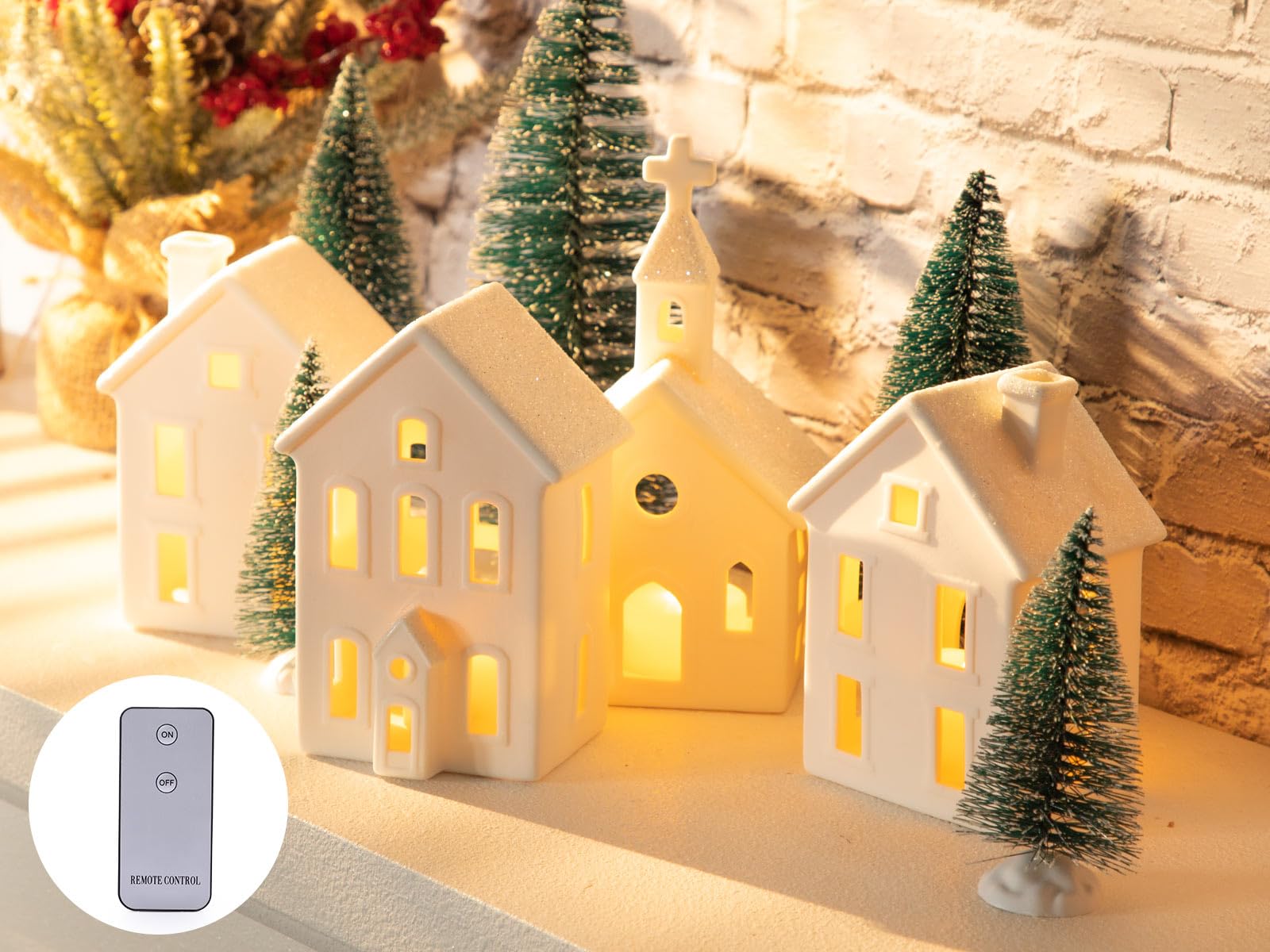 9 Pcs Christmas Village Figurines Sets - 4 Lighted Ceramic Houses with Remote Control & 5 Trees - Christmas Decorations Indoor - White Xmas Holiday Farmhouse Rustic Decor for Home Table Room
