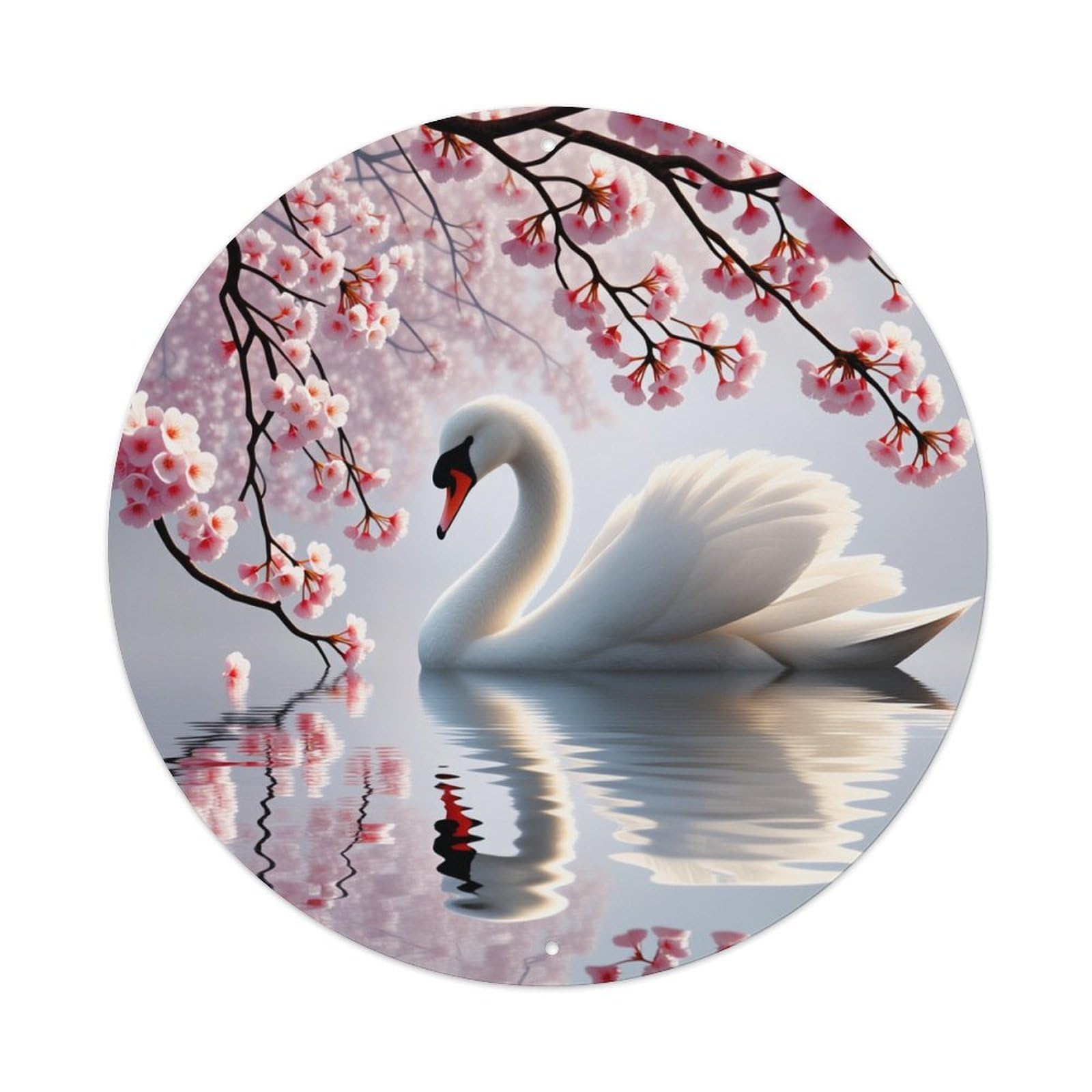 Swan Cherry Blossom Water Reflection Peace Round Tin Sign Vintage Metal Poster Retro Bar, Home, Man Cave, Kitchen, Laundry Room Wall Art Decor Gift 8x8Inch