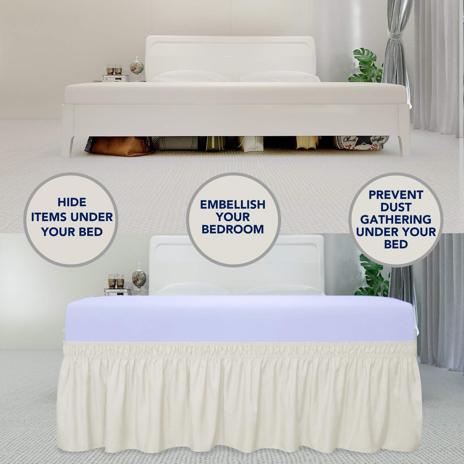 PureFit Wrap Around Ruffled Bed Skirt with Adjustable Elastic Belt - 18 Inch Drop Easy to Put On, Wrinkle Free Bedskirt Dust Ruffles, Bed Frame Cover for Queen, King and C-King Size Beds, Ivory