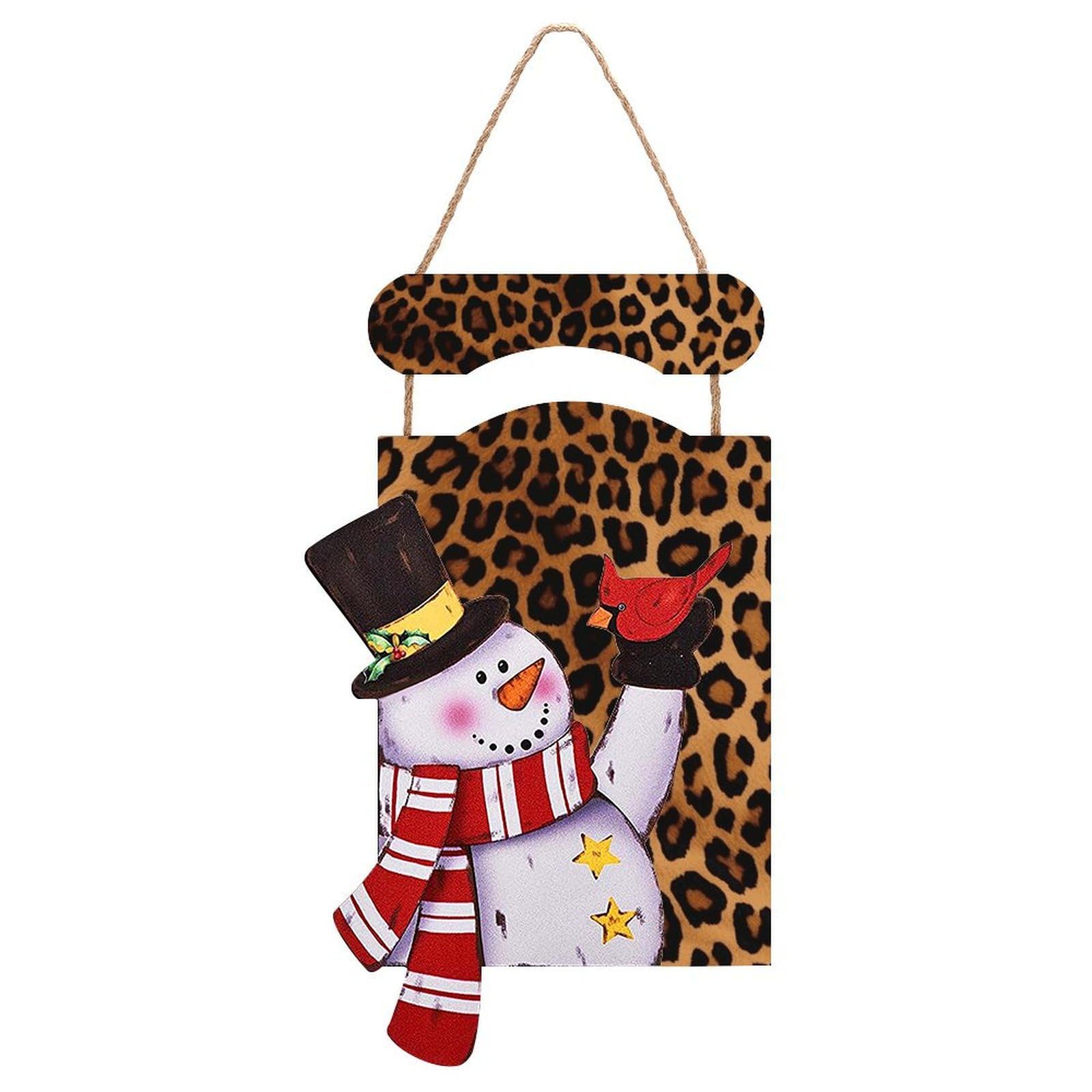 Cool Cheetah Leopard Snowman Sign Wooden Hanging Door Sign Christmas Door Decor Christmas Snowman Wooden Hanging Sign Wall Art for Indoor Outdoor Porch Wall