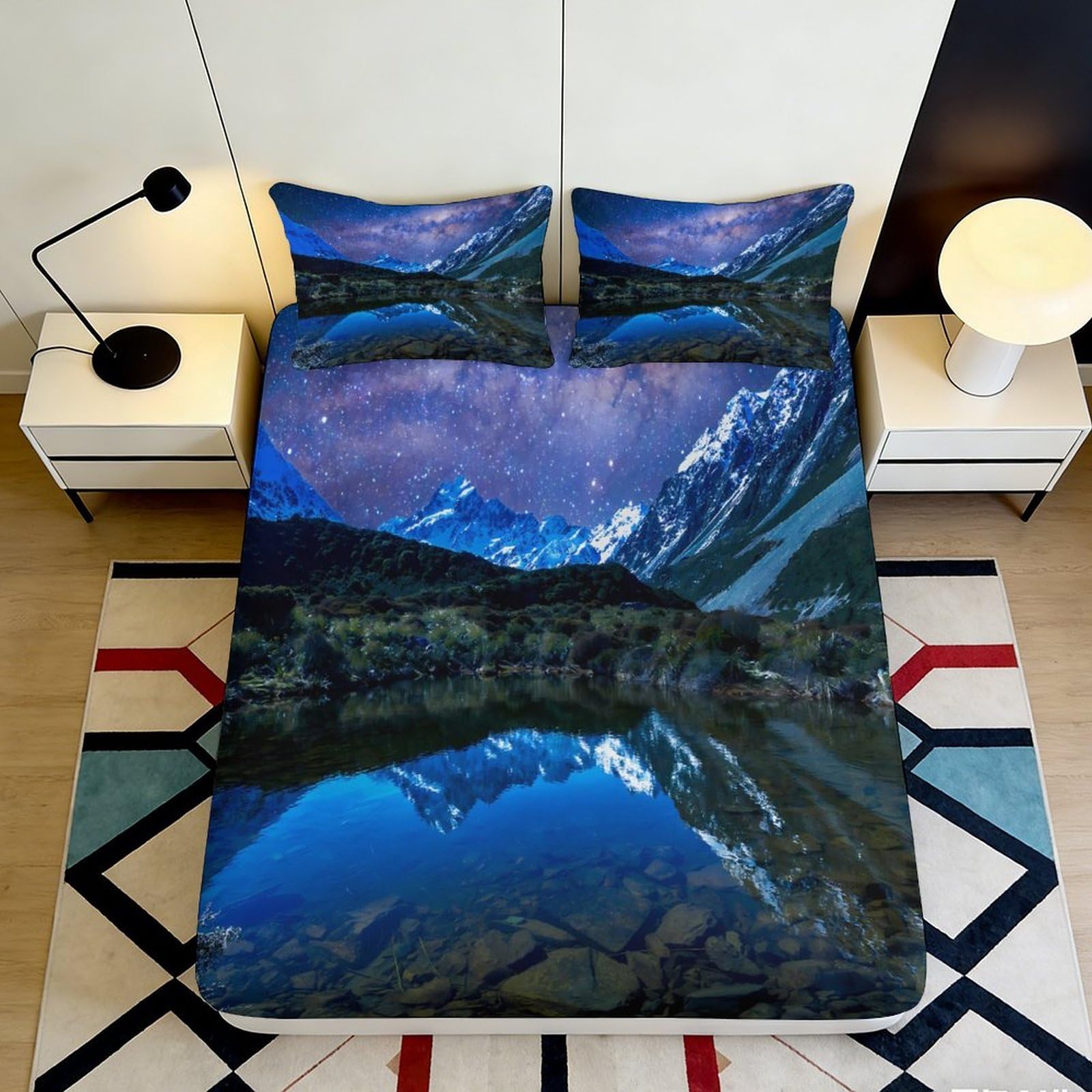 3D Printed Mountain Starry Sky Fitted Sheet Microfiber Soft Breathable Lake Reflection Mattress Cover for Bedroom Guest Room Decor 120x200x25cm