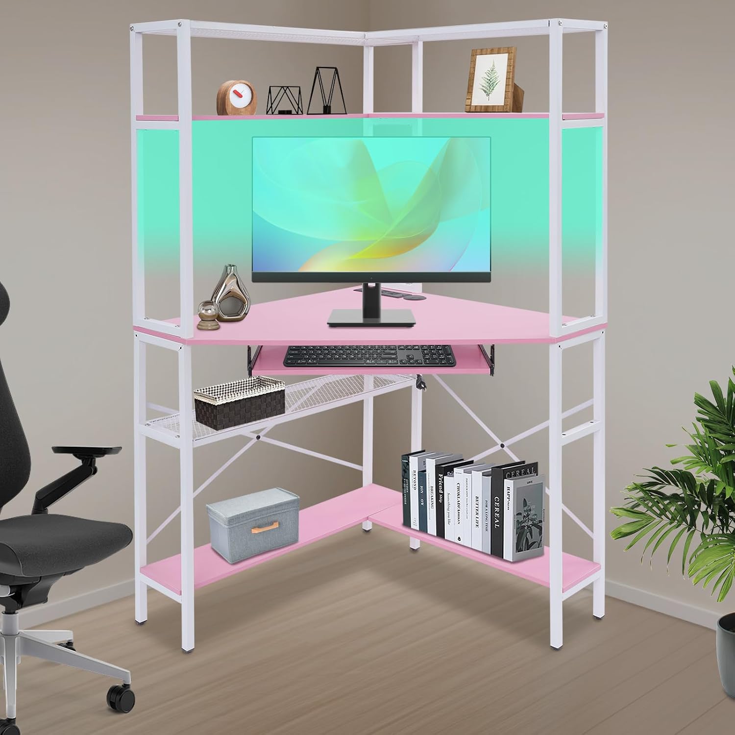 Corner Computer Desk, Modern Laptop Desk w/Outlets, Triangle Table w/Storage Shelf, Small Space for Home Office Student Dormitories Bedroom Game Room Study Room Workstation (Pink)