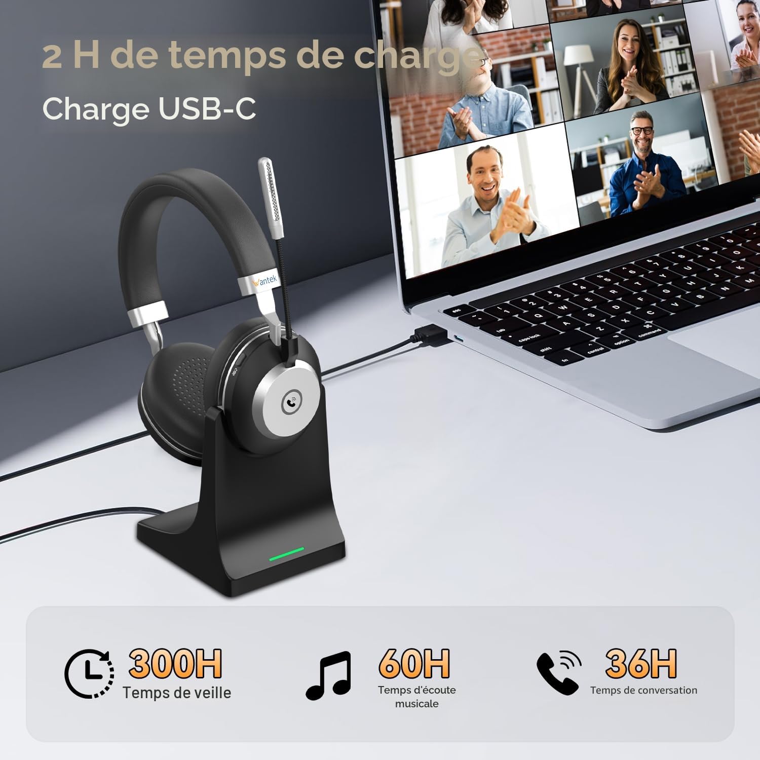 Wanteck Casque Bluetooth sans Fil avec ANC & USB Dongle, Bluetooth 5.3, 45h Autonomie – Idéal pour Bureau, Télétravail, Centre d'appel & Visioconférences | Réduction Active du Bruit