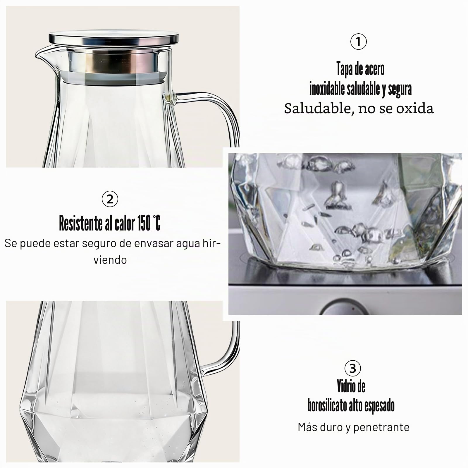 Jarra de cristal, jarra de agua de 1,5 l, jarra de agua, jarra de cristal con tapa, mango y estructura de rombos, jarra de agua transparente y resistente al calor de vidrio de borosilicato para