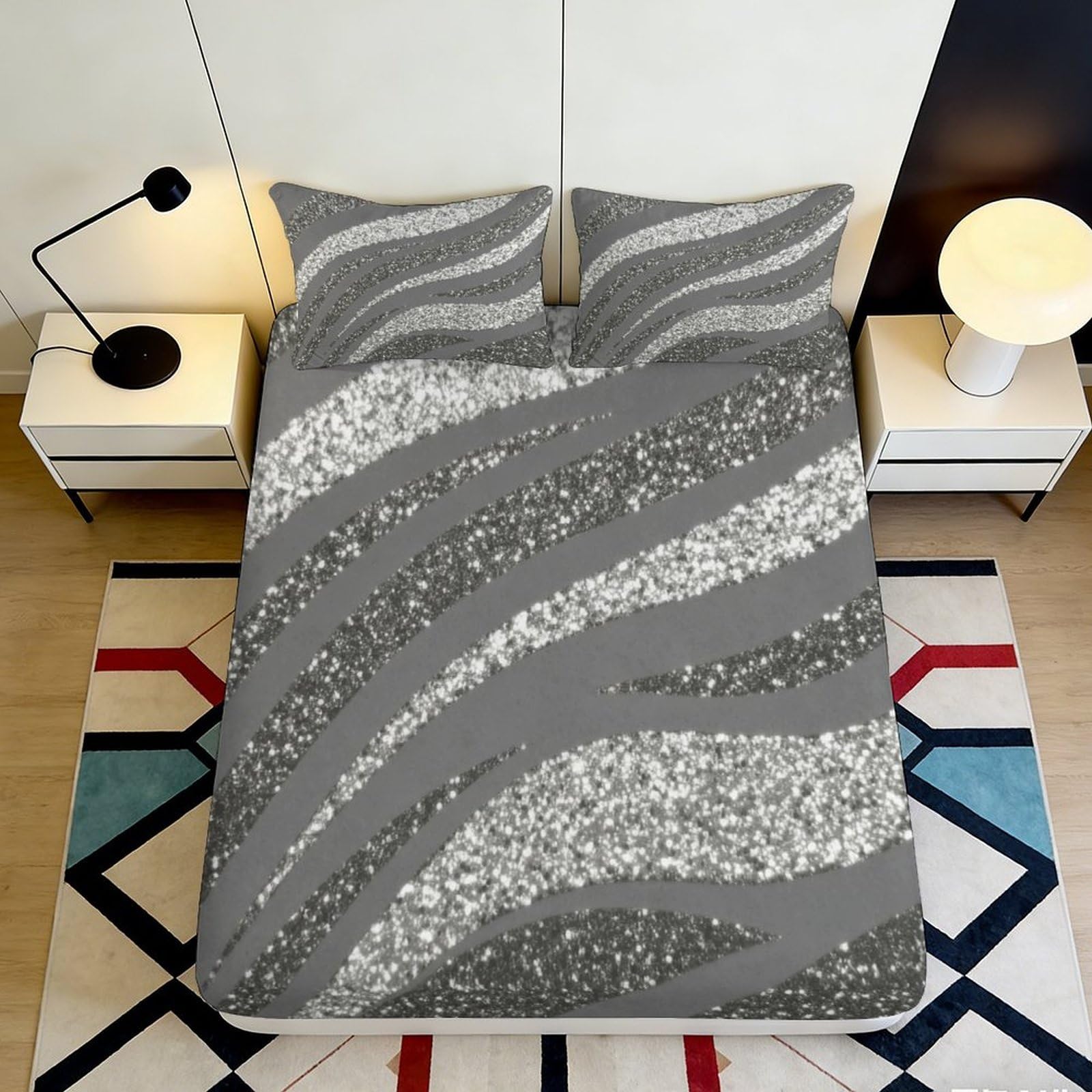 3D Printed Grey Wave Fitted Sheet Microfiber Deep Pocket Non-Slip Bedroom Bedding Grey Wave Mattress Fitted Cover 140x200x25cm