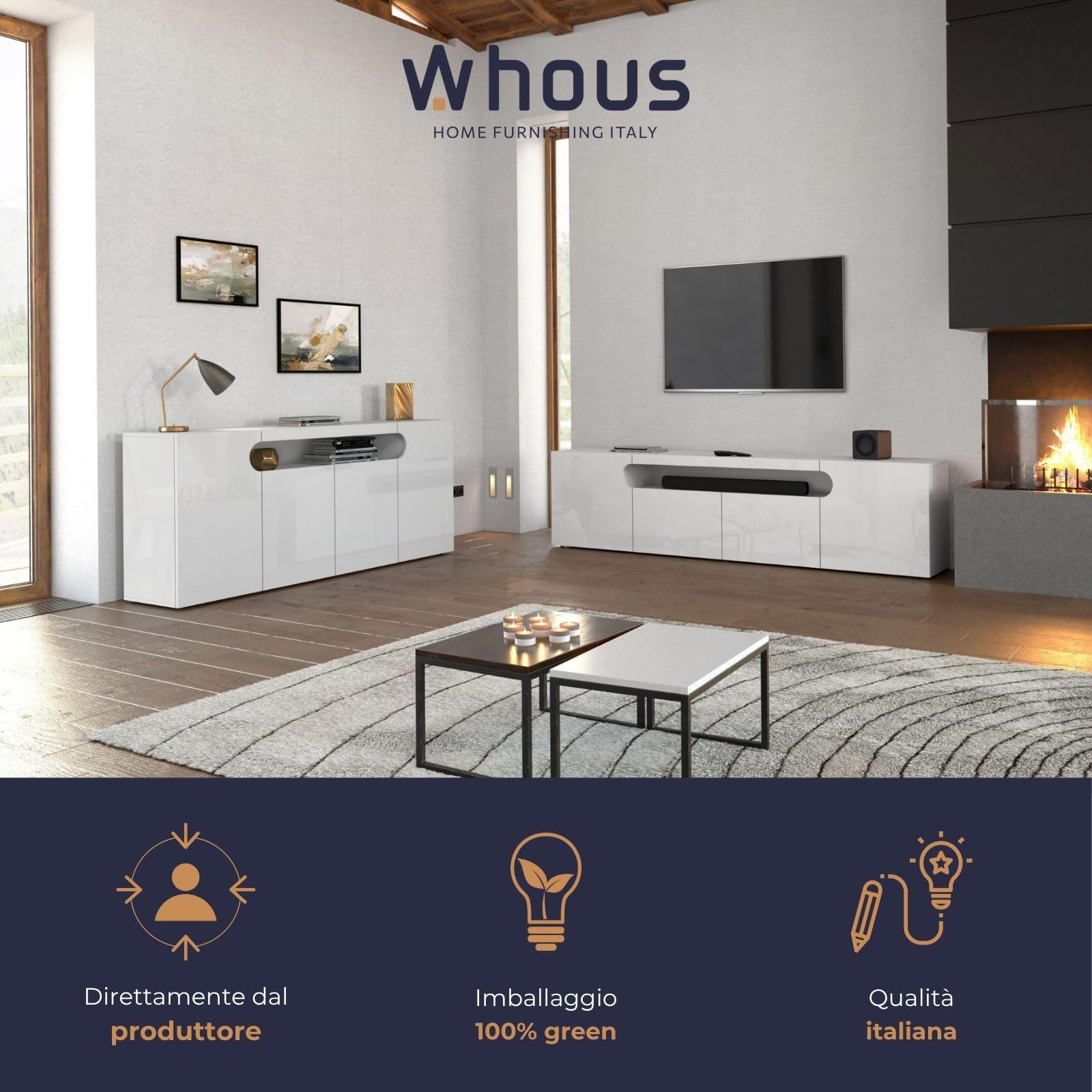 WHOUS Mobile Porta TV REAL per Soggiorno con 4 Ante, Mobile Tv per Salotto in Legno, 240x40x60 cm, Bianco Lucido