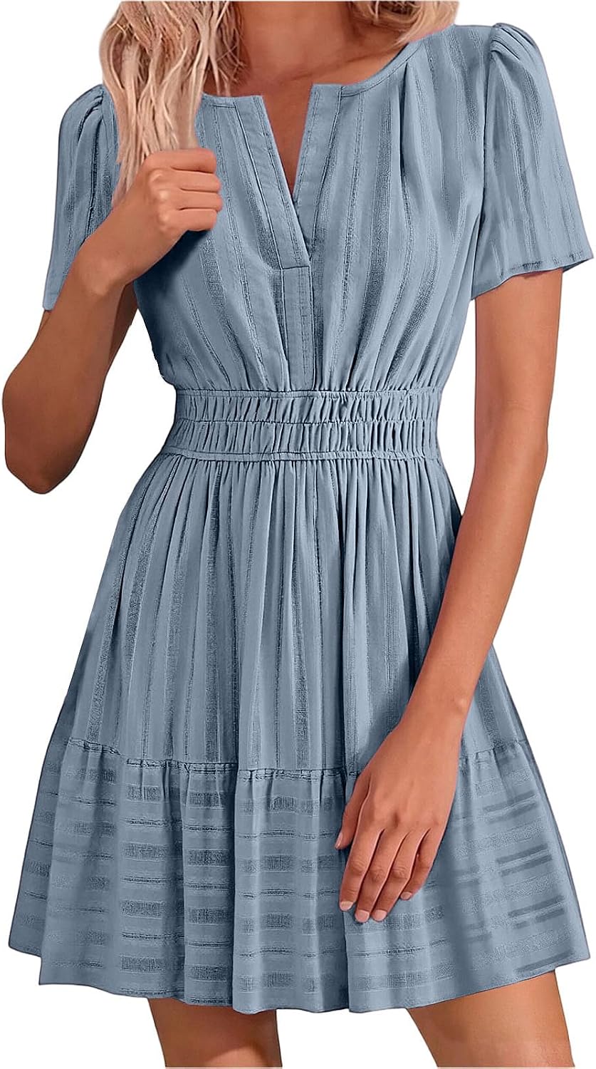 Women's Short Sleeve V Neck Mini Dress Tiered Smocked Waist Ruffle Casual Sundress Summer Beach Work Solid Clothing