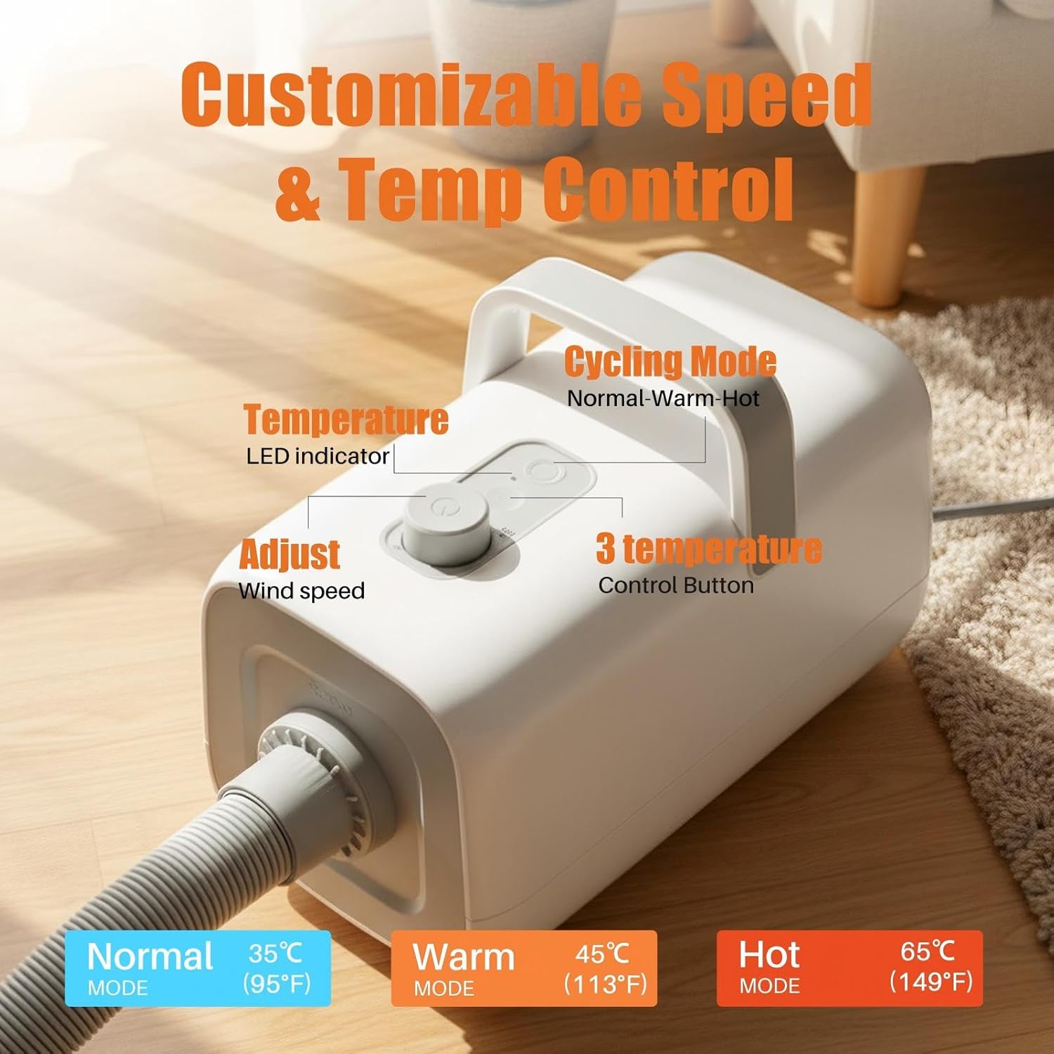 NEWBULIG Dog Hair Dryer, 1550W High Velocity Pet Blow Dryer with Heater for Grooming, Speed Temperature Adjustable Dog Blower Grooming Dryer with 4 Nozzles, White