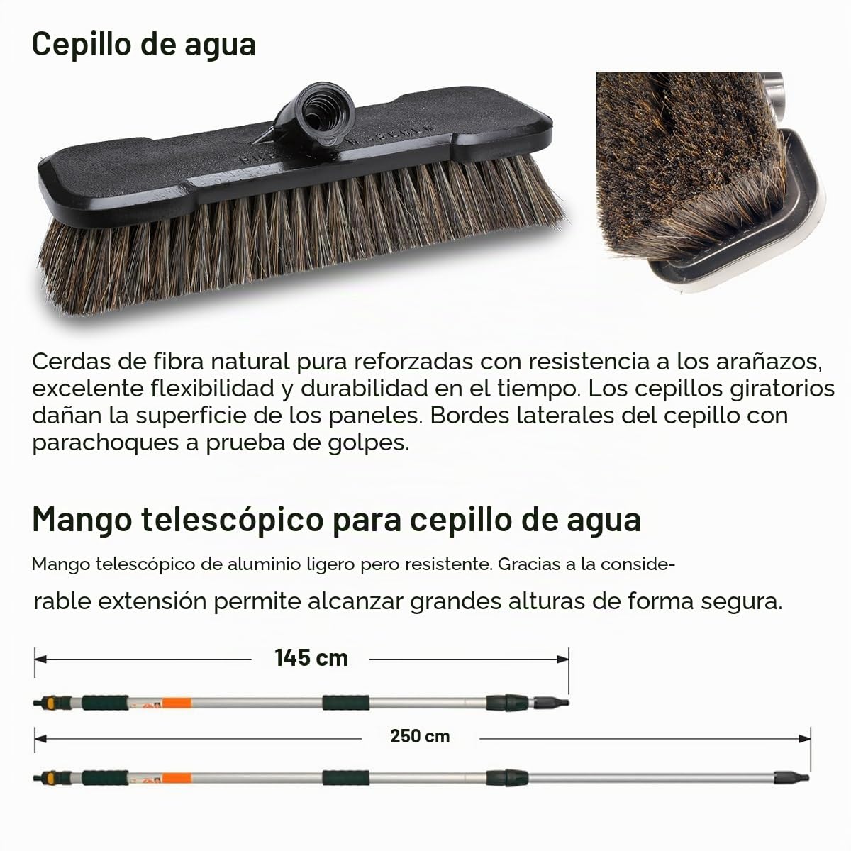 IPPA Limpieza Paneles solares. Cepillo de cerdas Naturales. Conveniente para el Coche, Caravana, Caravana, camión, Coche, autobús. Limpieza de PV.