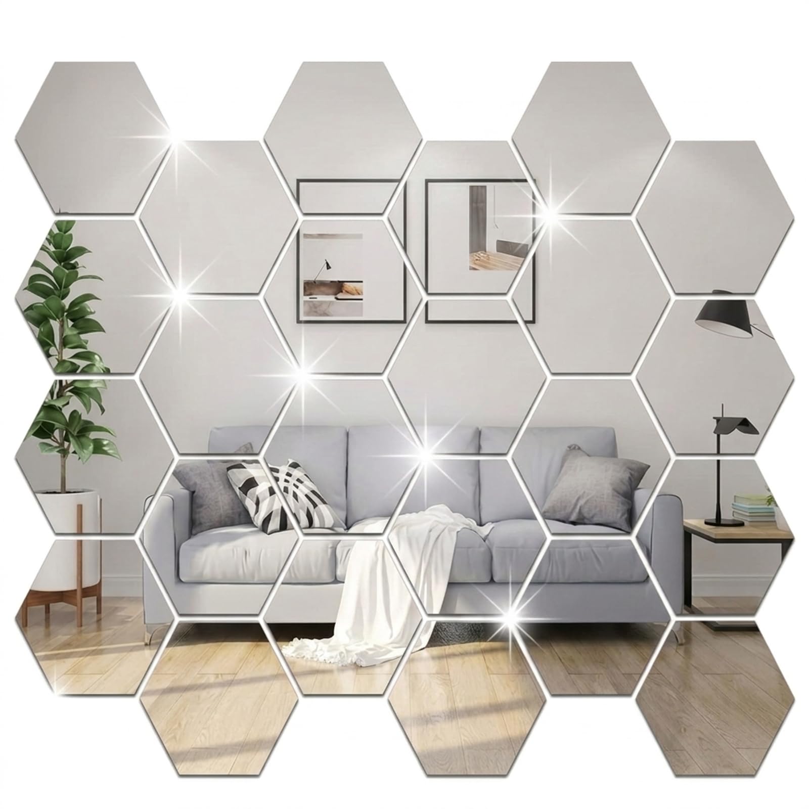 lrgnixs 24 Pcs Mirror Wall Stickers, Hexagon Acrylic Stick On Mirrors for Walls Decor & Room Decor, Removable Self-Adhesive Mirrors Stickers for Living Room, Bedroom, TV & Sofa Background