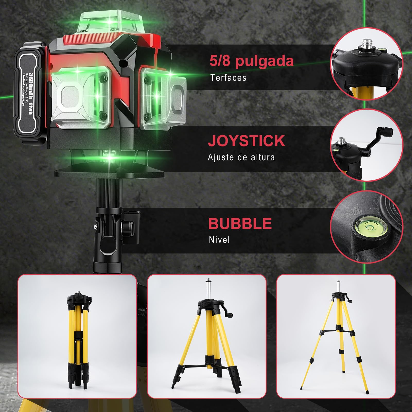 Nivel Laser Autonivelante 360 Grados, 4D 16 Líneas Nivel Laser Verde con Trípode, Digital Niveles LáSer con 3600 mAh x 3 baterías Recargables para Interiores, Obras