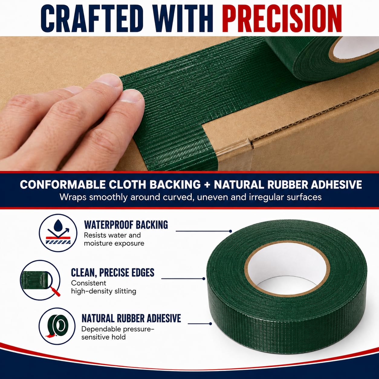 Cinta adhesiva T.R.U. CDT-36 de grado industrial. Impermeable y resistente a los rayos UV. Varios colores disponibles. 60 yardas. (verde oscuro, 6,35 cm).