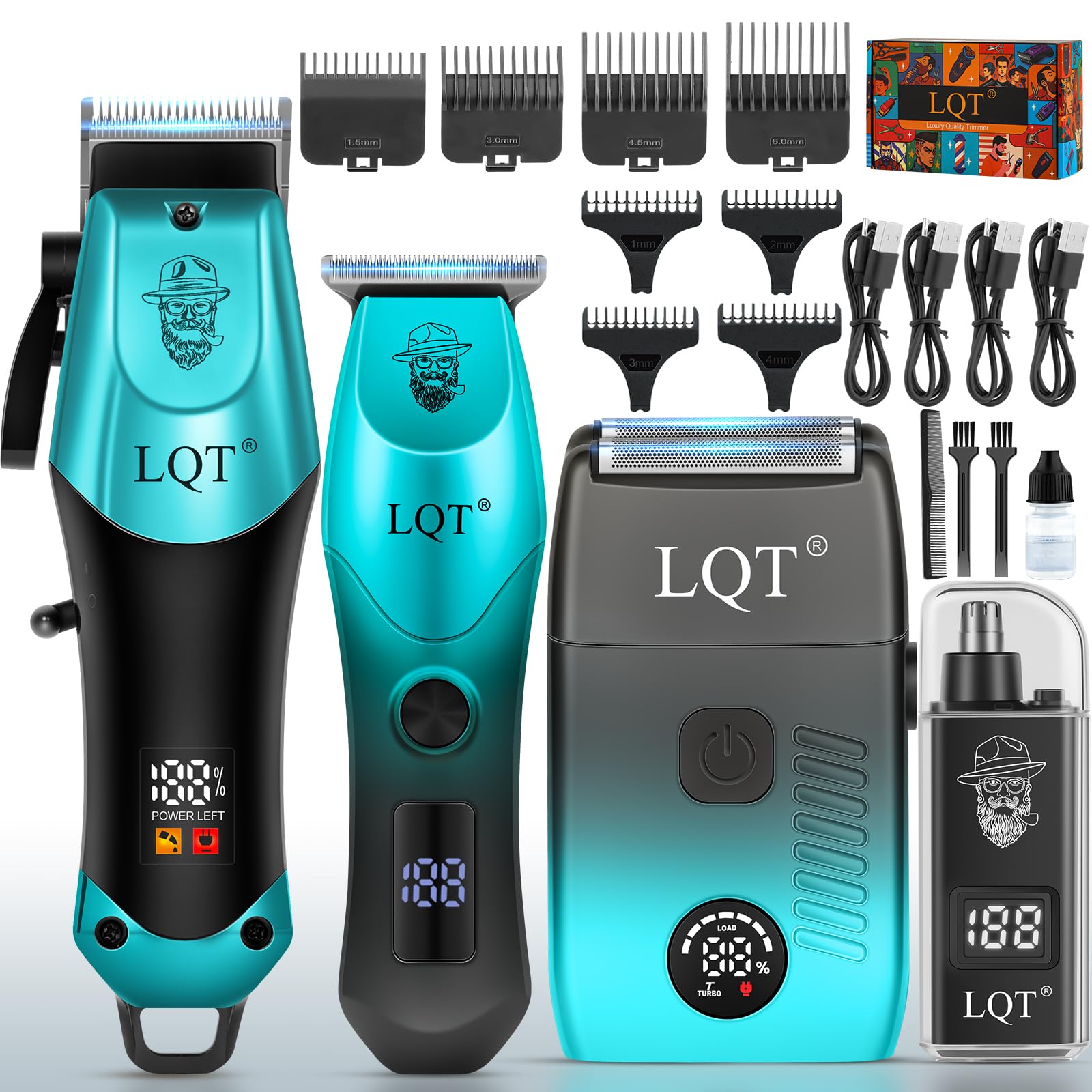 4-in-1 Men's Hair Clippers Kit, Includes Nose Hair Trimmer, Electric Shaver, and Engraving Trimmer, Wireless USB Rechargeable Grooming Set, Blue Ombre Design, Ideal Gift for Men (Blue)