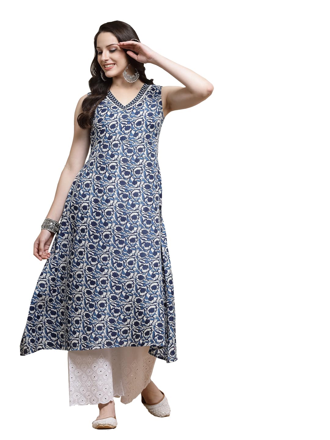 Stylum Women's Floral Printed Cotton Blend A-Line Kurta (Indigokyra38_Indigo Blue, M)