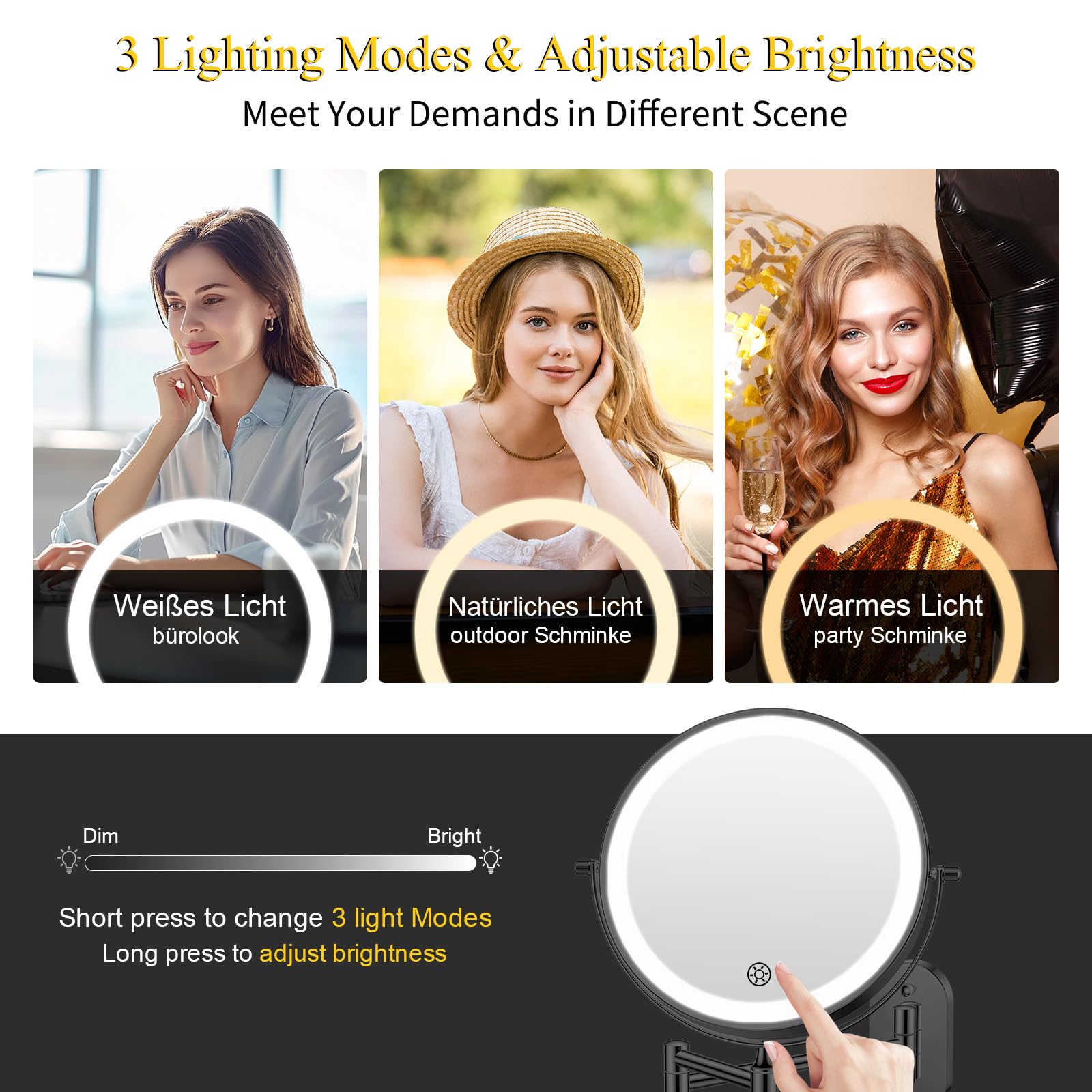 FUNTOUCH 5000mAh Wiederaufladbar Kosmetikspiegel mit Beleuchtetung3X/30X | Spiegel Vergrößerung Wandmontage, Rasierspiegel mit 3 Lichtfarben, 360° Drehbar für Badezimmer