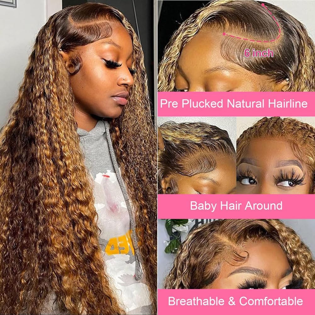 13x6 Ombre Highlight Lace Front Wig Human Hair 4/27 Colored Deep Wave Human Hair Wigs 180% Density HD Transparent Lace Frontal Wigs Pre Plucked Glueless Wig 24 Inch