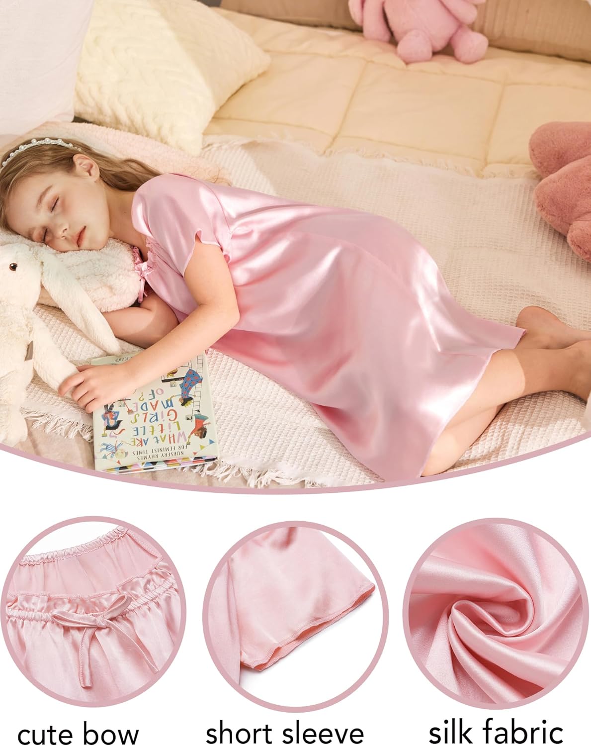 Arshiner Girls Nightgowns Silk Satin Pajama Dress Short Sleeve Soft Princess Sleepwear - Image 7