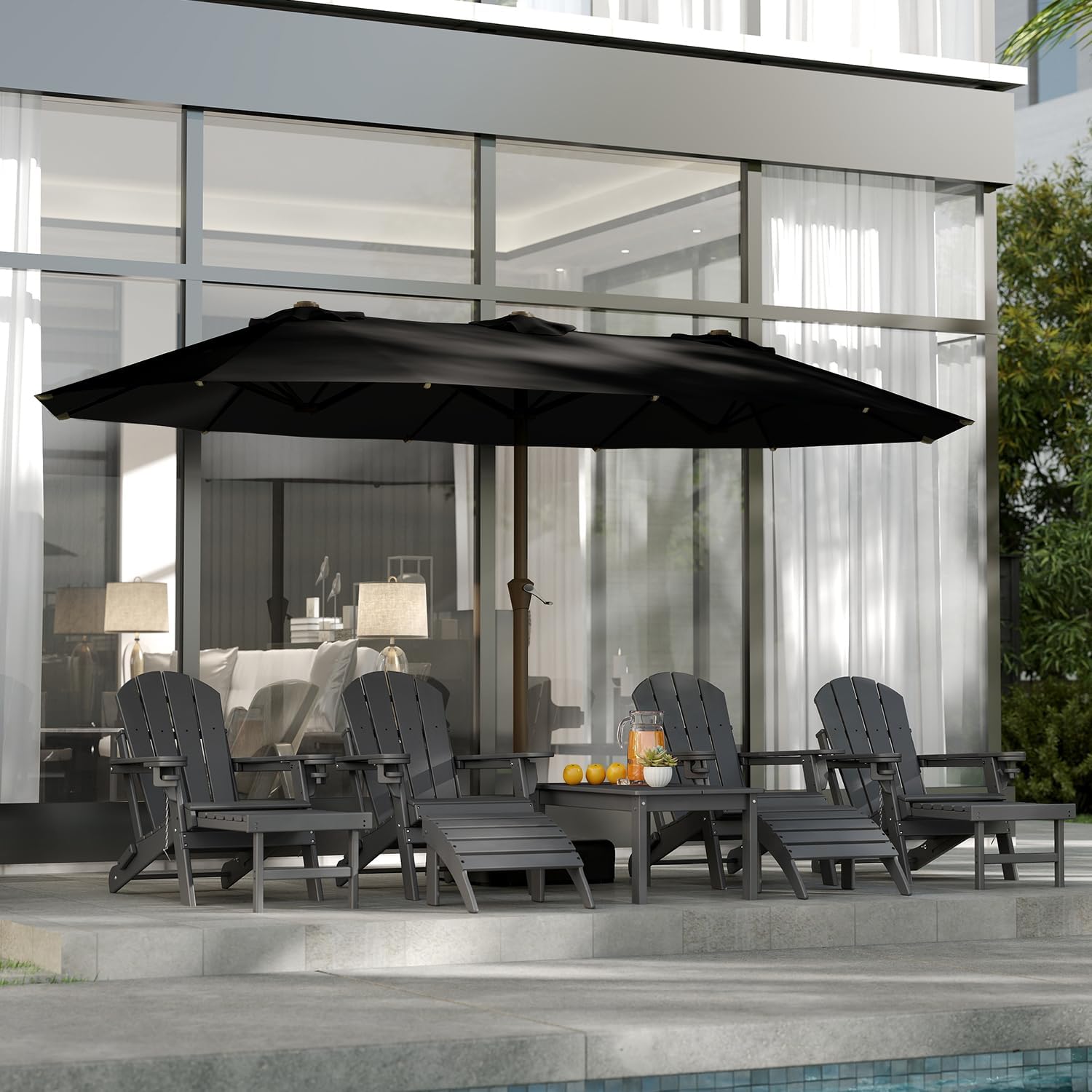 GREENVINES 15FT-Double-Sided-Patio-Umbrella-with-Base | Fiberglass Ribs | Large Outdoor Market Umbrellas | w/Crank Handle | Heavy Duty | for Poolside Garden Deck Backyard Beach | Black